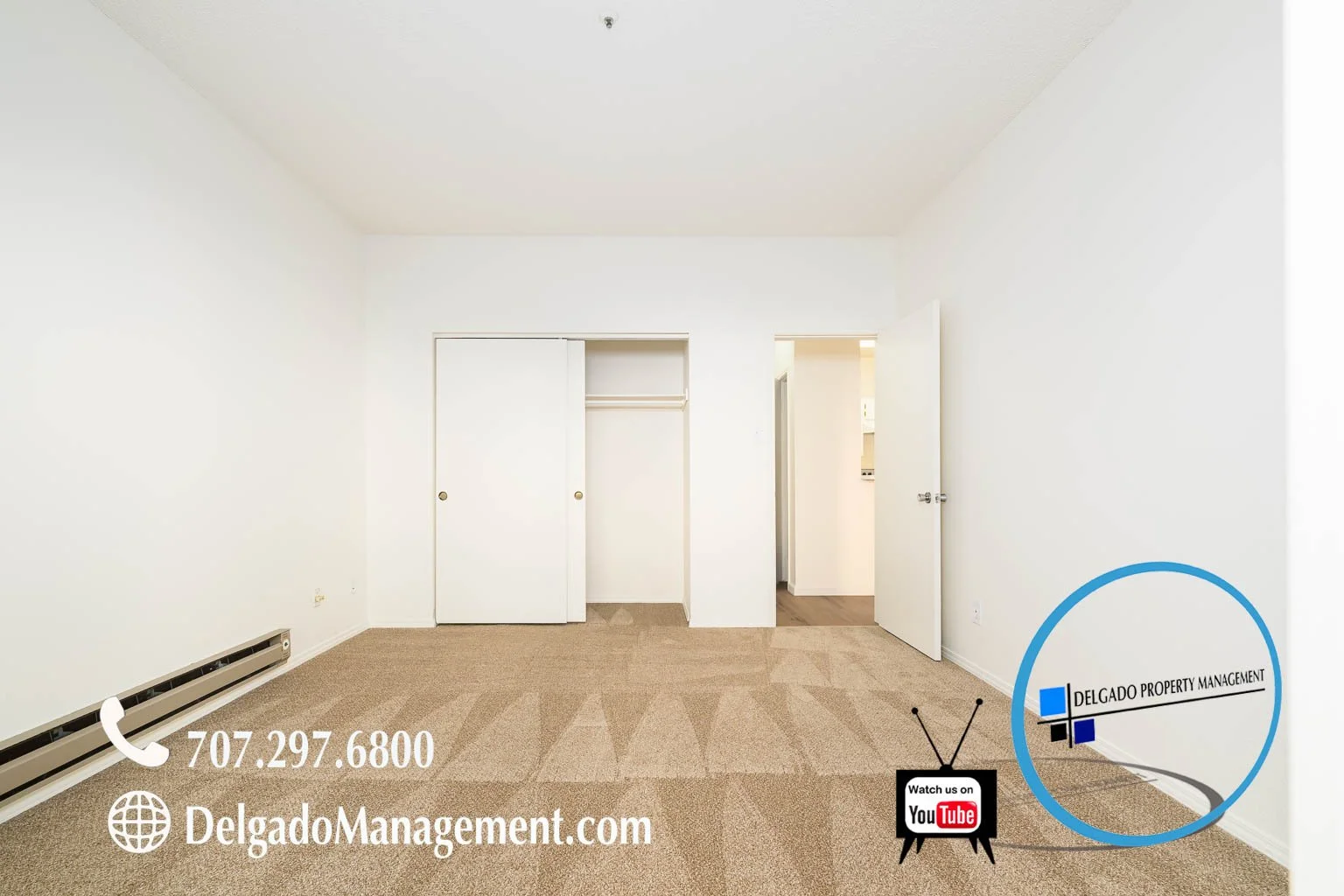 Empty room with beige carpet, white walls, closet with sliding doors, and an open door leading to another room. Includes property management contact information and a YouTube watch icon.