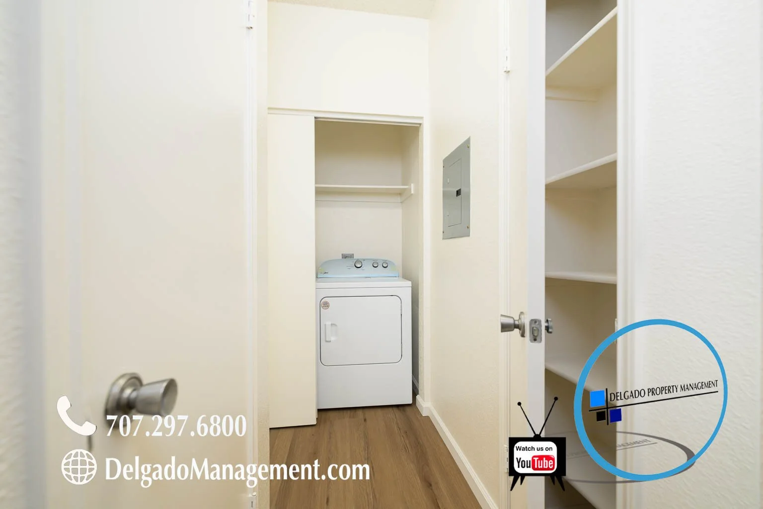 Small laundry room with a white washing machine, white shelves, and an open closet door showing empty shelves. Contact info and website for Delgado Property Management in the lower-left corner, and a YouTube logo in the lower-right corner.
