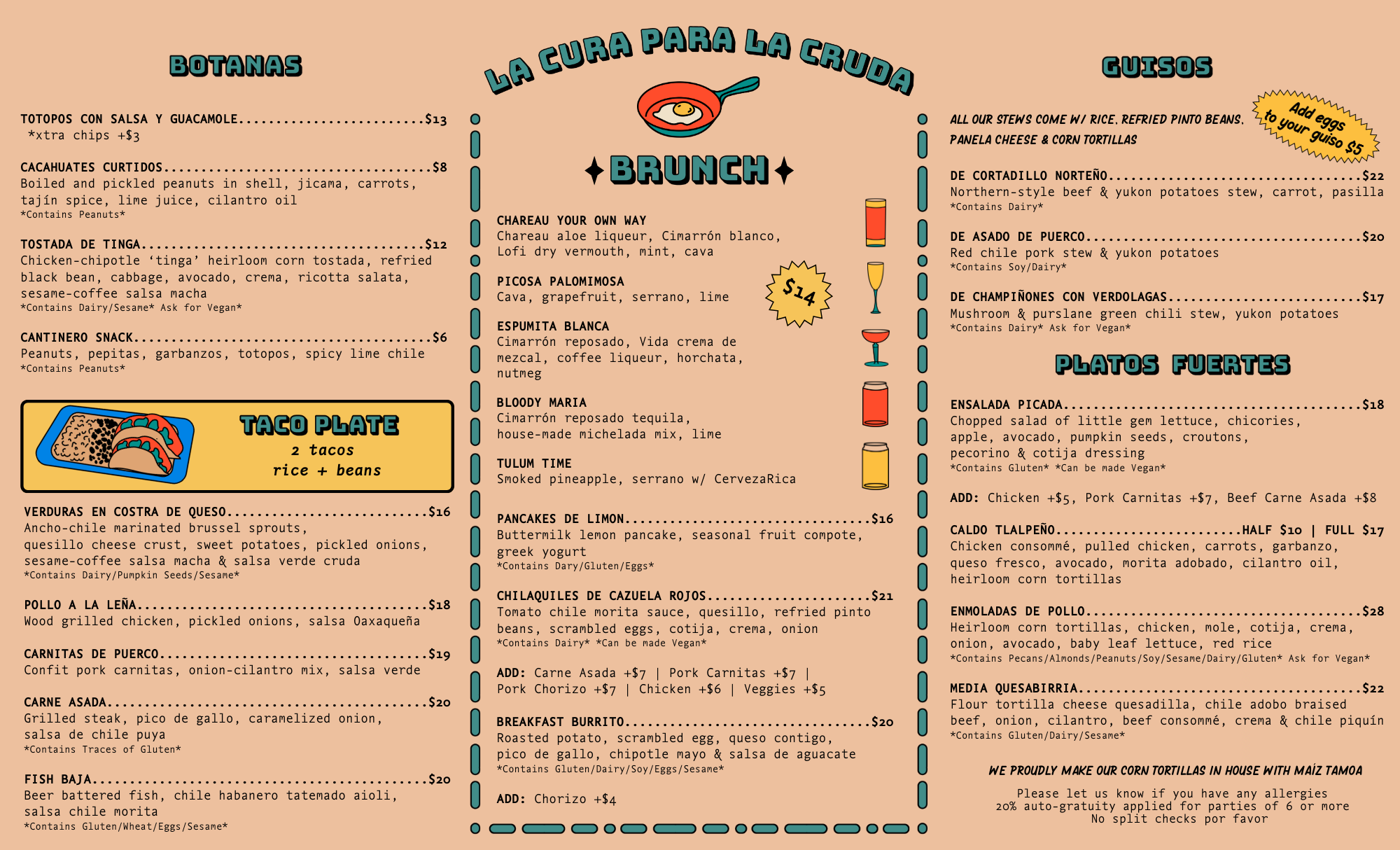 Nidos BackYard Brunch Menu