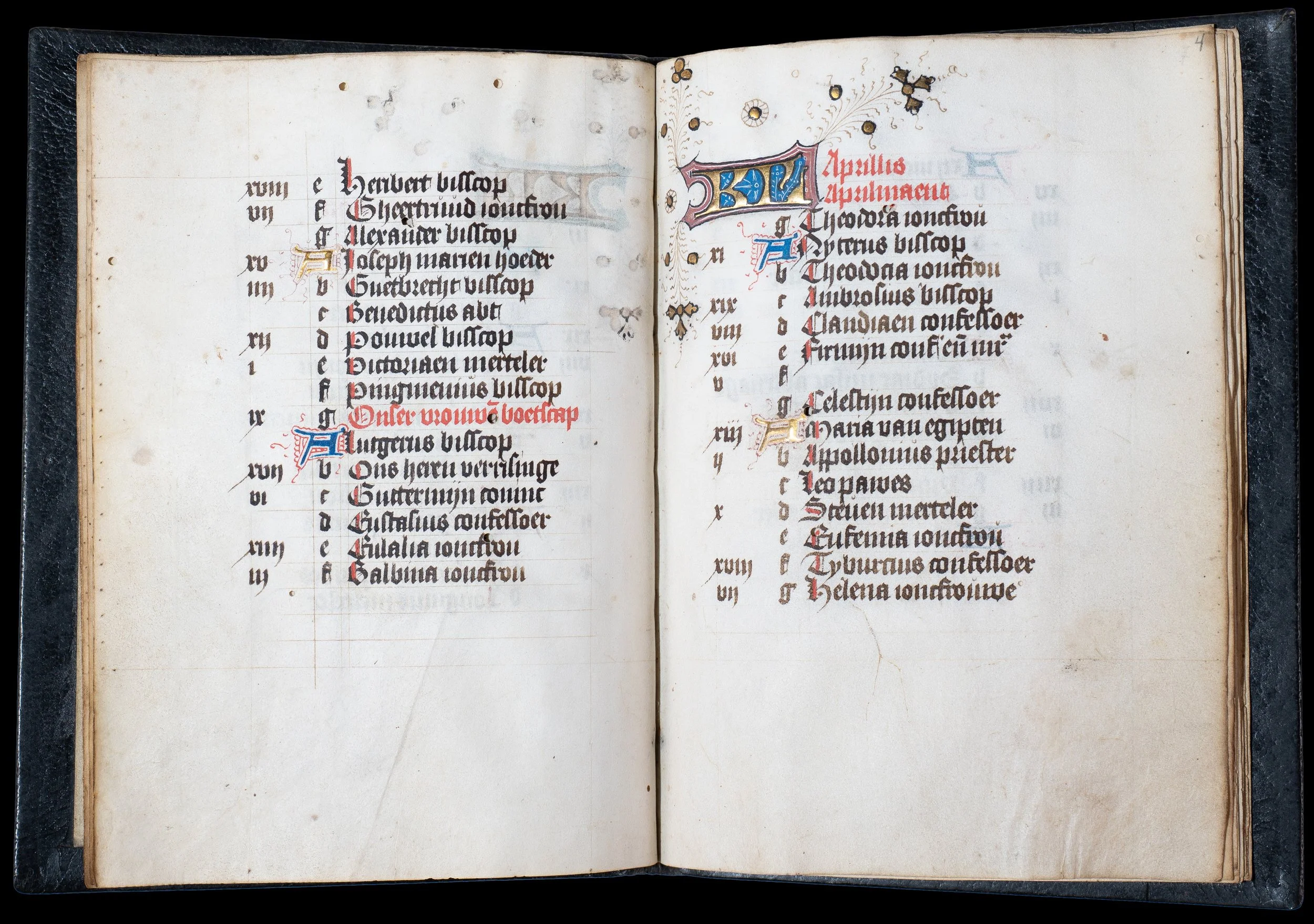 April calendar page from a medieval Book of Hours, Use of Utrecht, Middle Dutch manuscript with red feast days and gold initials