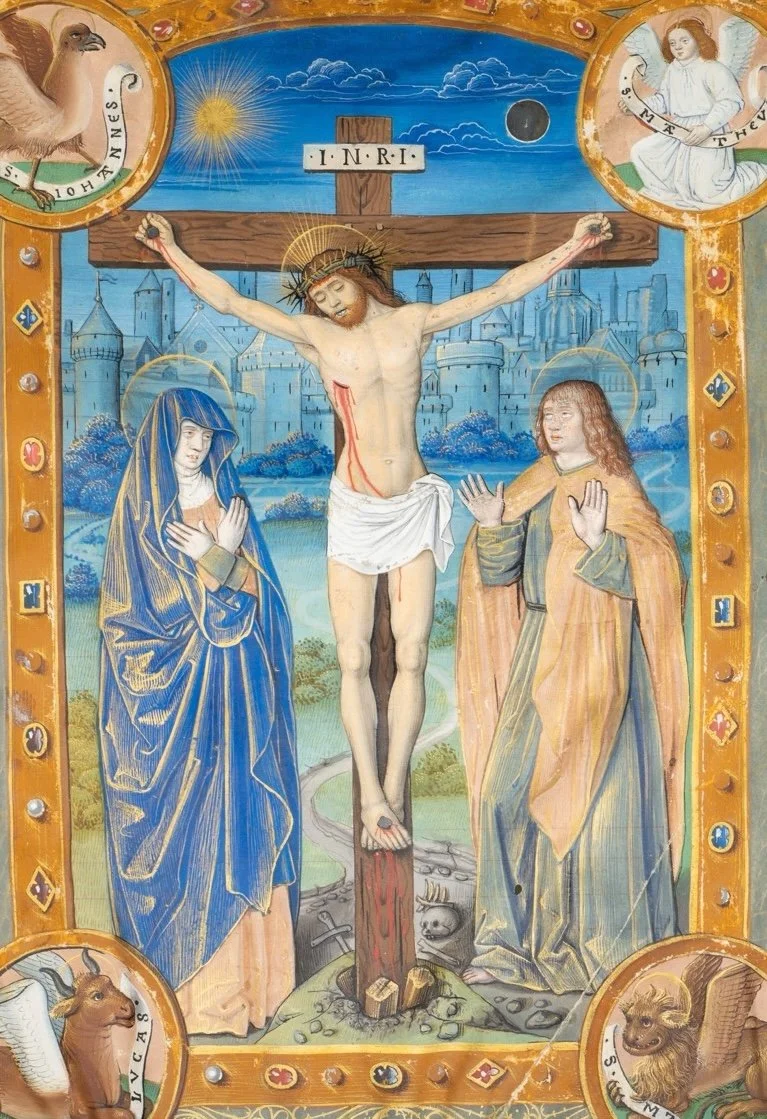 SOLD - Master of the Beaussant Altarpiece, The Crucifixion with the Virgin and John, and the symbols of the Evangelists, France, Anjou, (Angers?), circa 1480