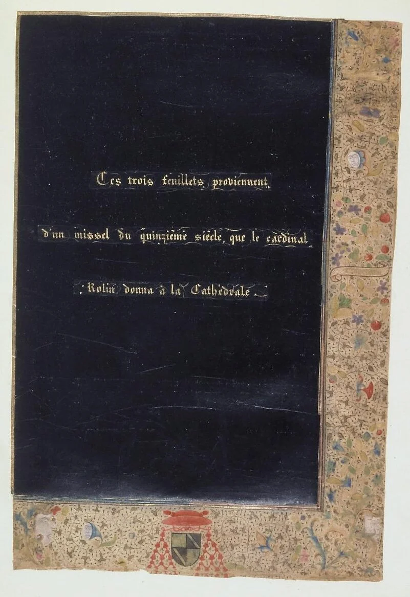 Historic Album Bulliot mount recording three illuminated leaves from a Missal of Cardinal Jean Rolin, and possibly one of the missing Canon paintings from 110 at Autun