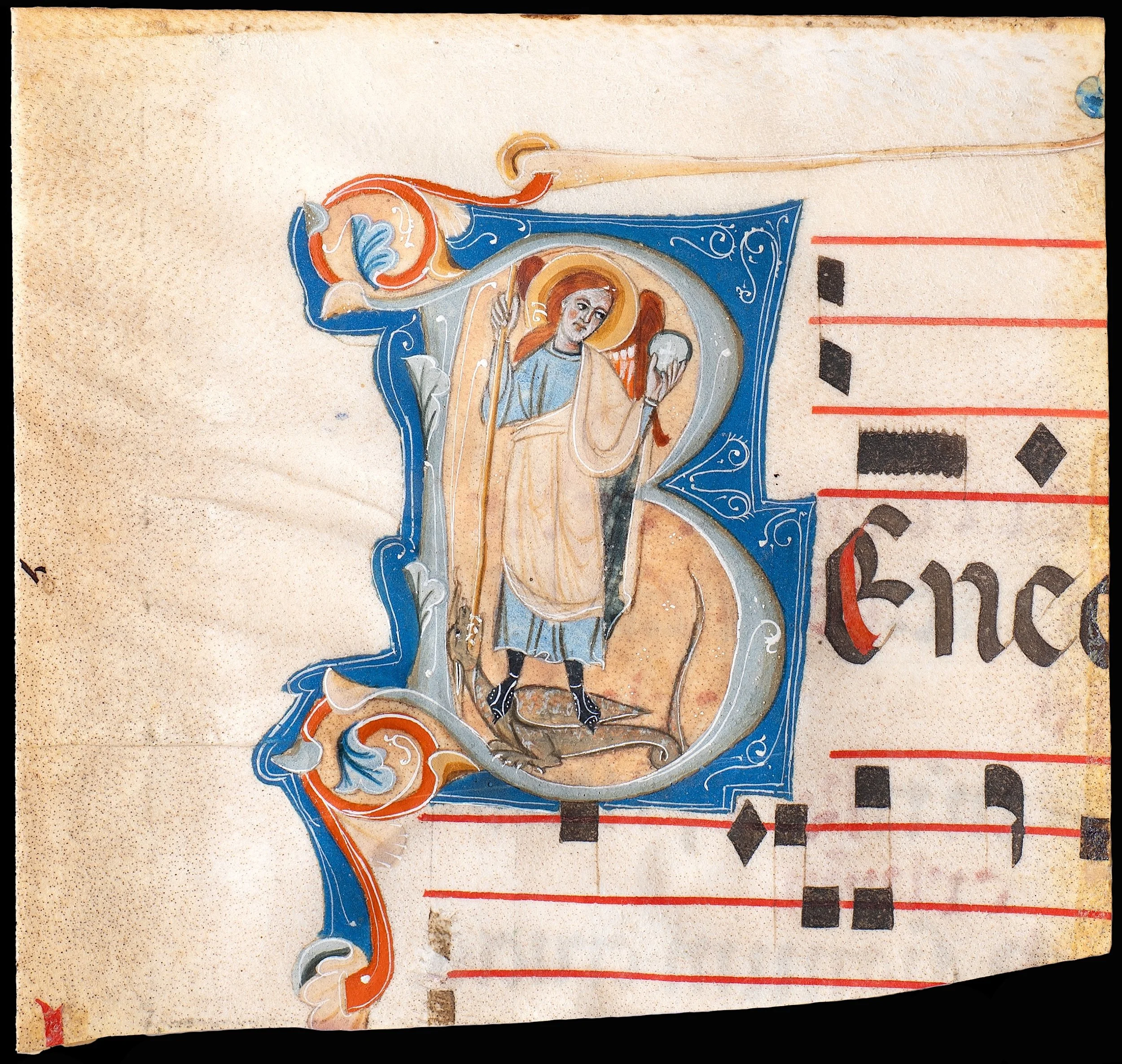 Saint Michael the Archangel slaying the dragon, historiated initial from an Umbrian Gradual for Michaelmas, Italy, circa 1275