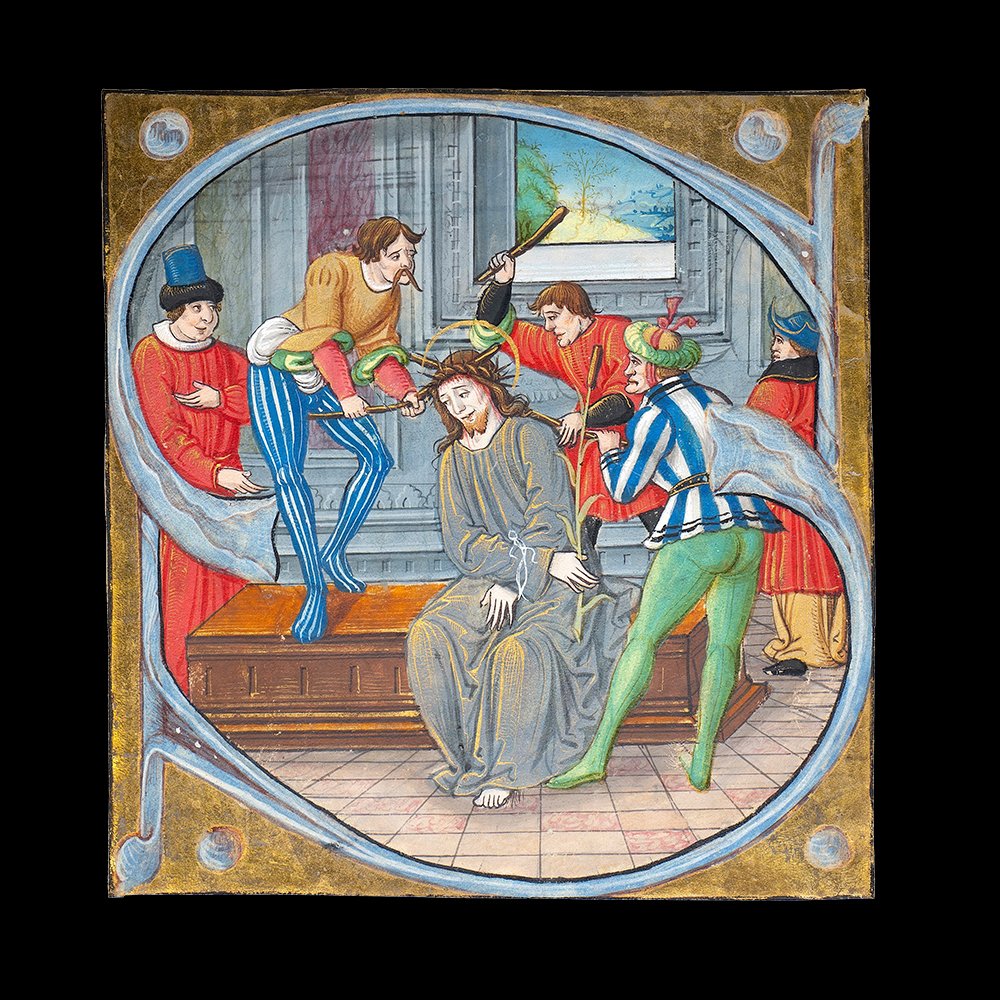 Mocking of Christ historiated initial by Guillaume Charmolue from a Celestine Psalter, France near Paris, circa 1530–1540, tempera and gold on parchment.
