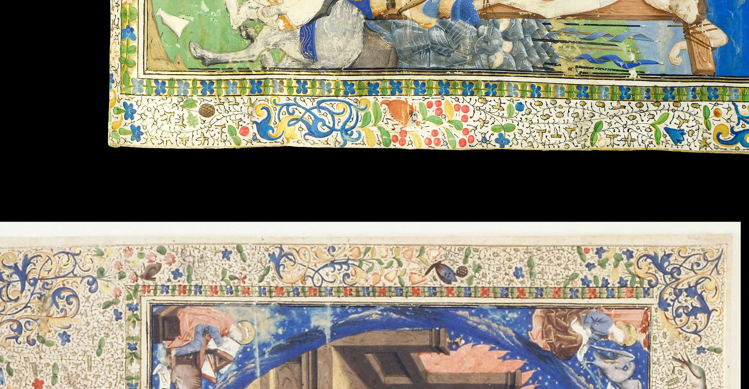 Border details from the present Crucifixion and the Album Bulliot God the Father, showing their closely related gilded rinceaux, acanthus, naturalistic ornament and decorative structure.