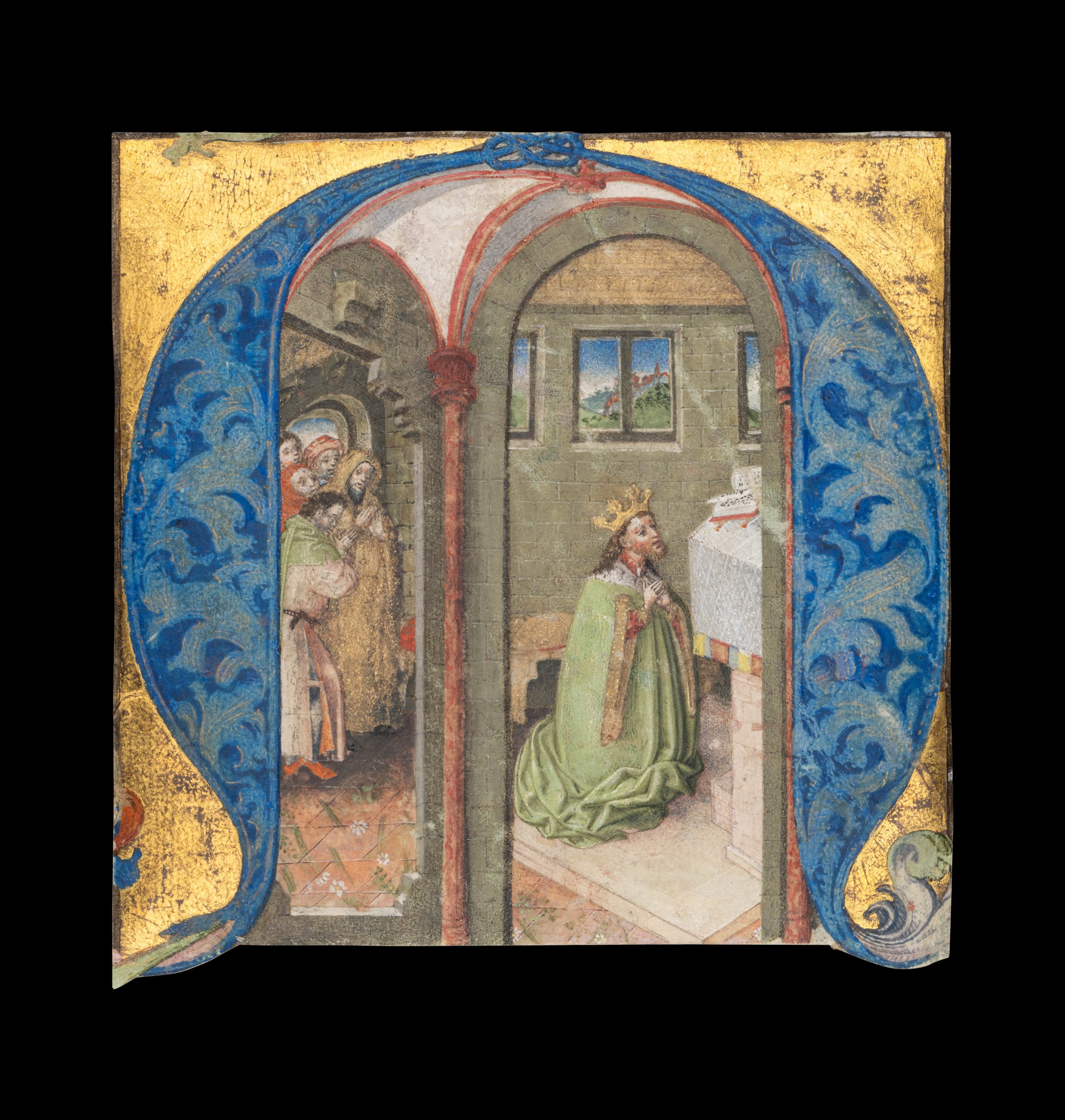 Illuminated miniature of King David in prayer within a historiated initial A, from a 15th-century German Gradual, Rhineland.