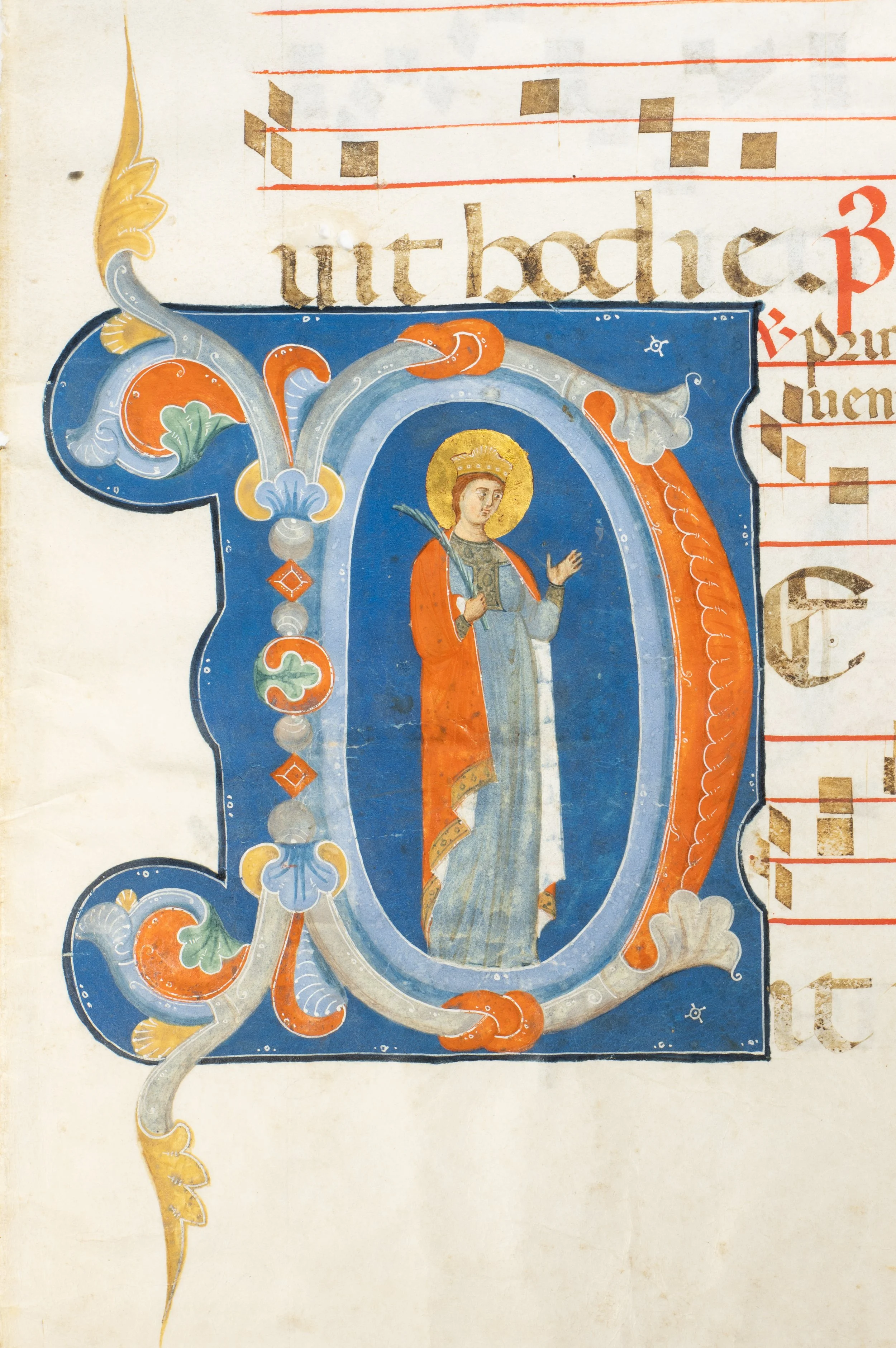 This illuminated antiphonal leaf depicting Saint Ursula in a beautifully decorated initial D was made in Bologna during the end of the thirteenth century.