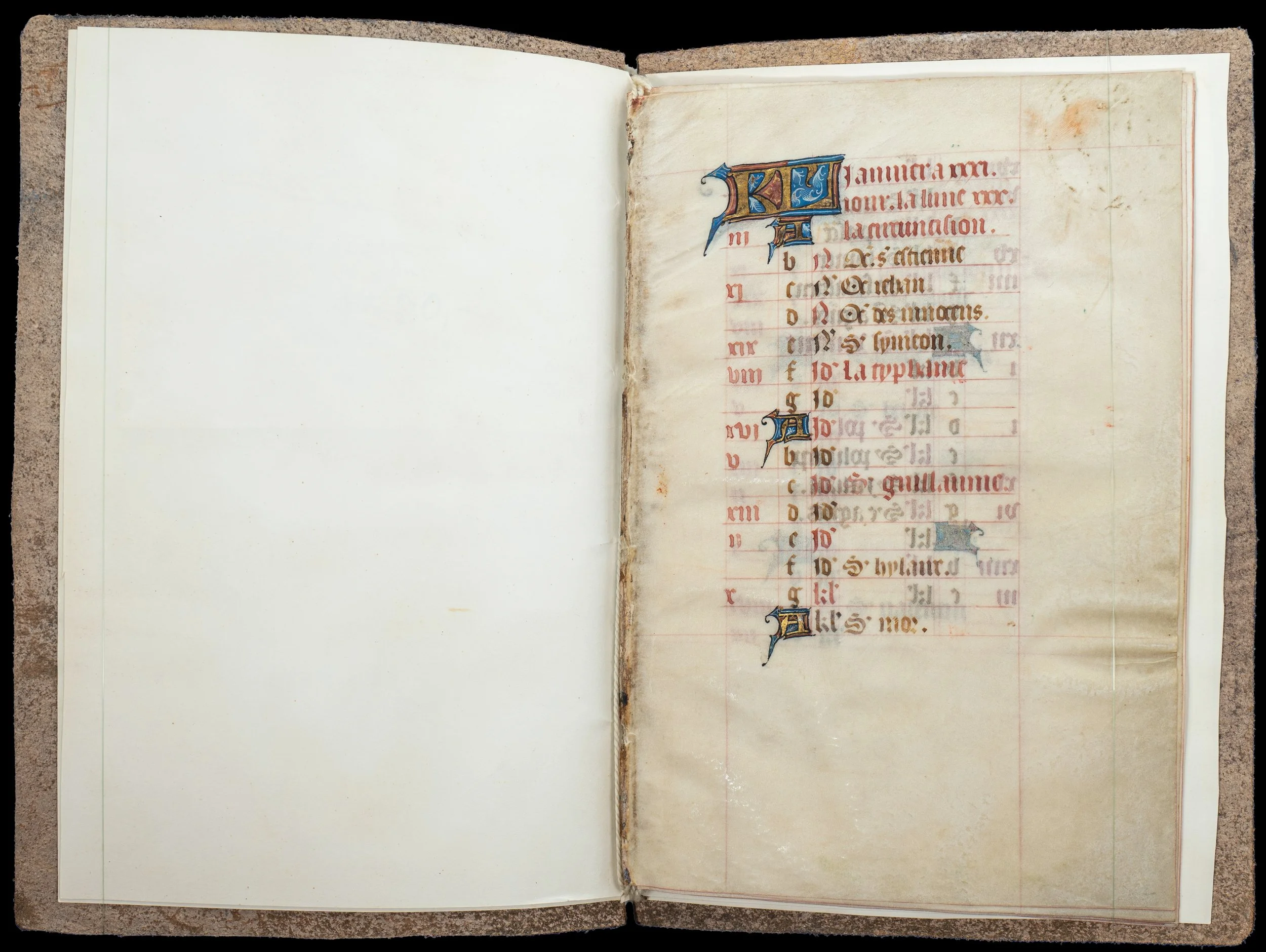 January page from a fifteenth-century French Book of Hours calendar with Saint Guillaume of Bourges rubricated in red.