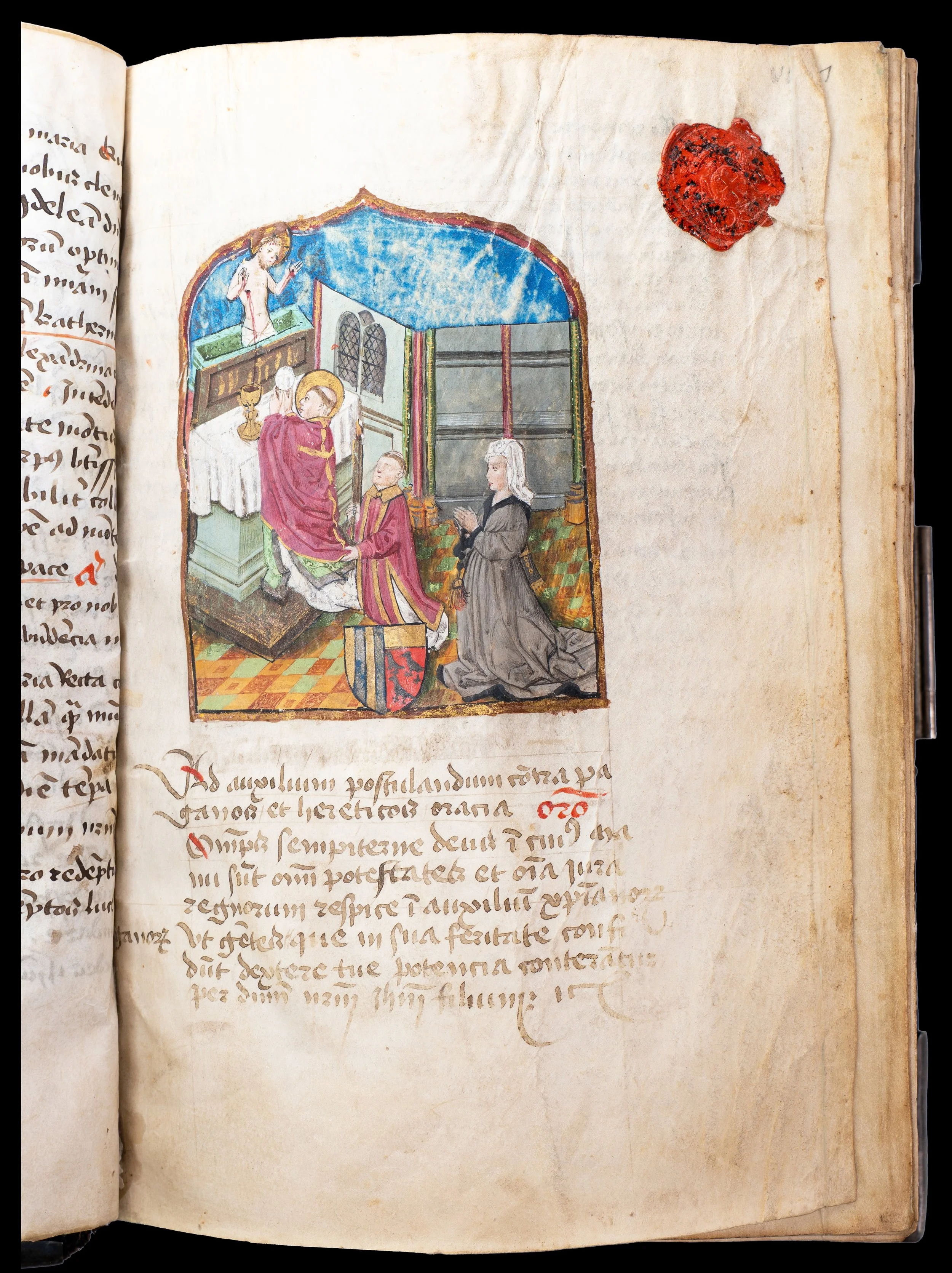 Full folio with the Mass of Saint Gregory and kneeling female donor, a later French addition to the illuminated Bruges Book of Hours associated with the artistic milieu of Antoine de Lonhy