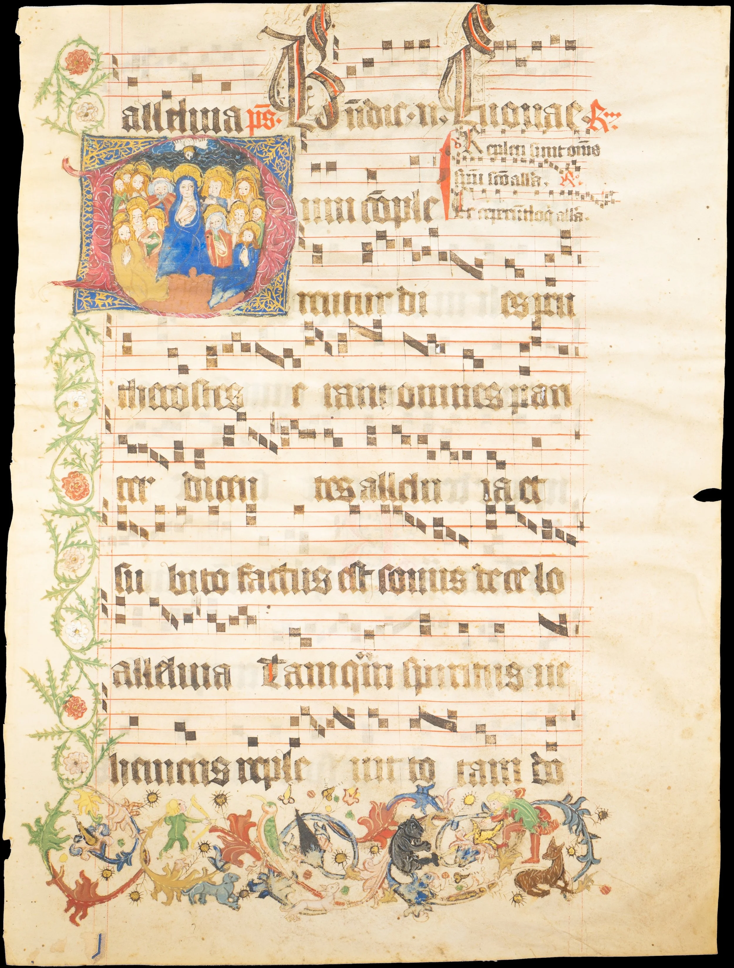 Pentecost historiated initial with Virgin and Apostles from an Upper Rhine illuminated antiphonal made by female monastic artists, Germany or Alsace, mid–late 15th century.
