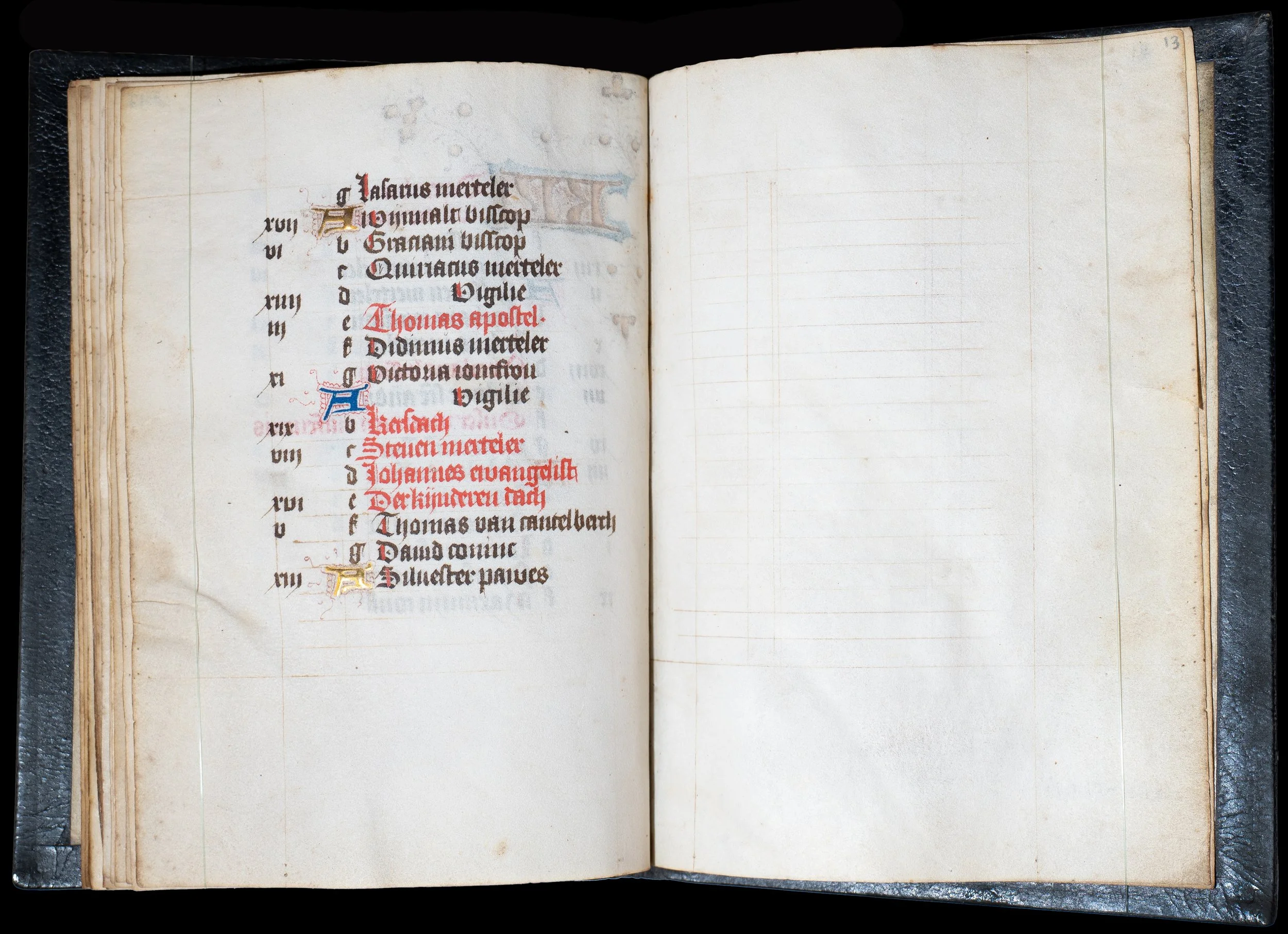 December calendar page, Book of Hours, Use of Utrecht, Middle Dutch illuminated manuscript with red and gold decoration