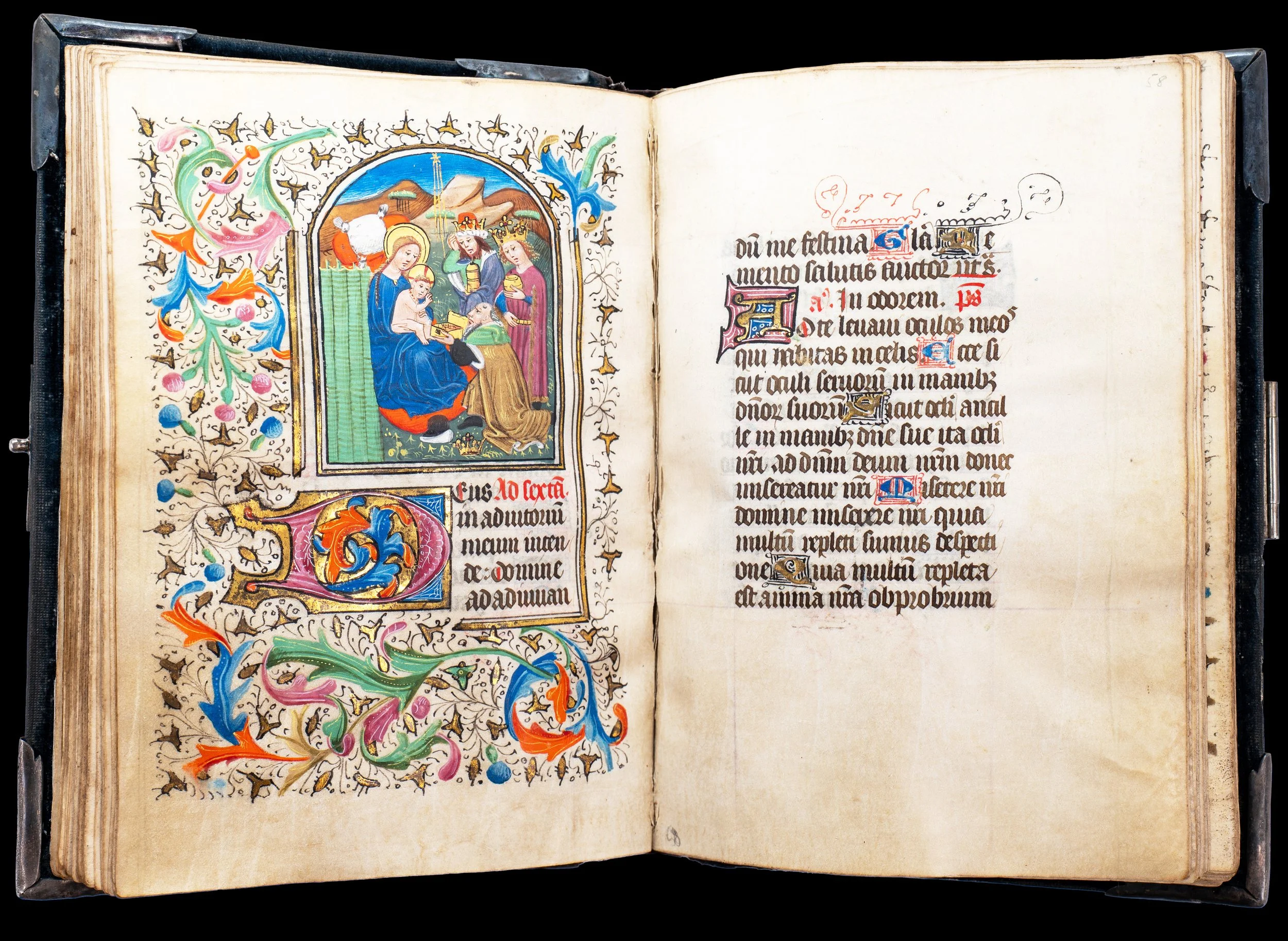 Adoration of the Magi by the Masters of the Gold Scrolls, Grisebach subgroup, in an illuminated Bruges Book of Hours, c. 1450