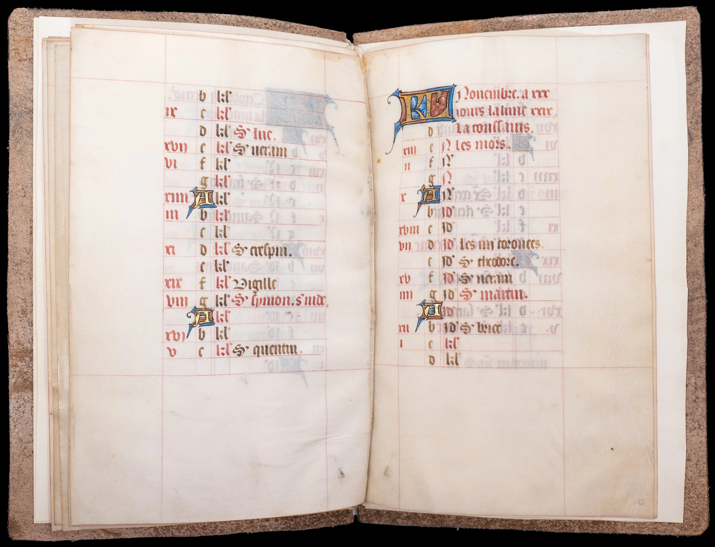 November page from a French medieval Book of Hours calendar including Saint Aignan of Orléans.