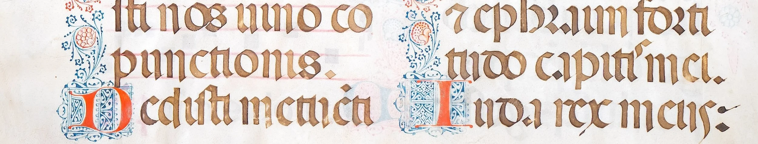 Detail of script and decorative penwork on an illuminated Olivetan choirbook leaf by Giovanni Pietro Birago, Brescia, Italy, c. 1470–1480