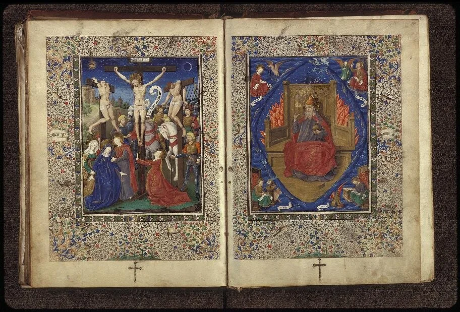 Master of Jean Rolin II, Canon opening with the Crucifixion and God the Father, from the Missal of Cardinal Jean Rolin, Paris, c. 1450–1455. Lyon, Bibliothèque municipale, MS 517, fols. 183v–184r.