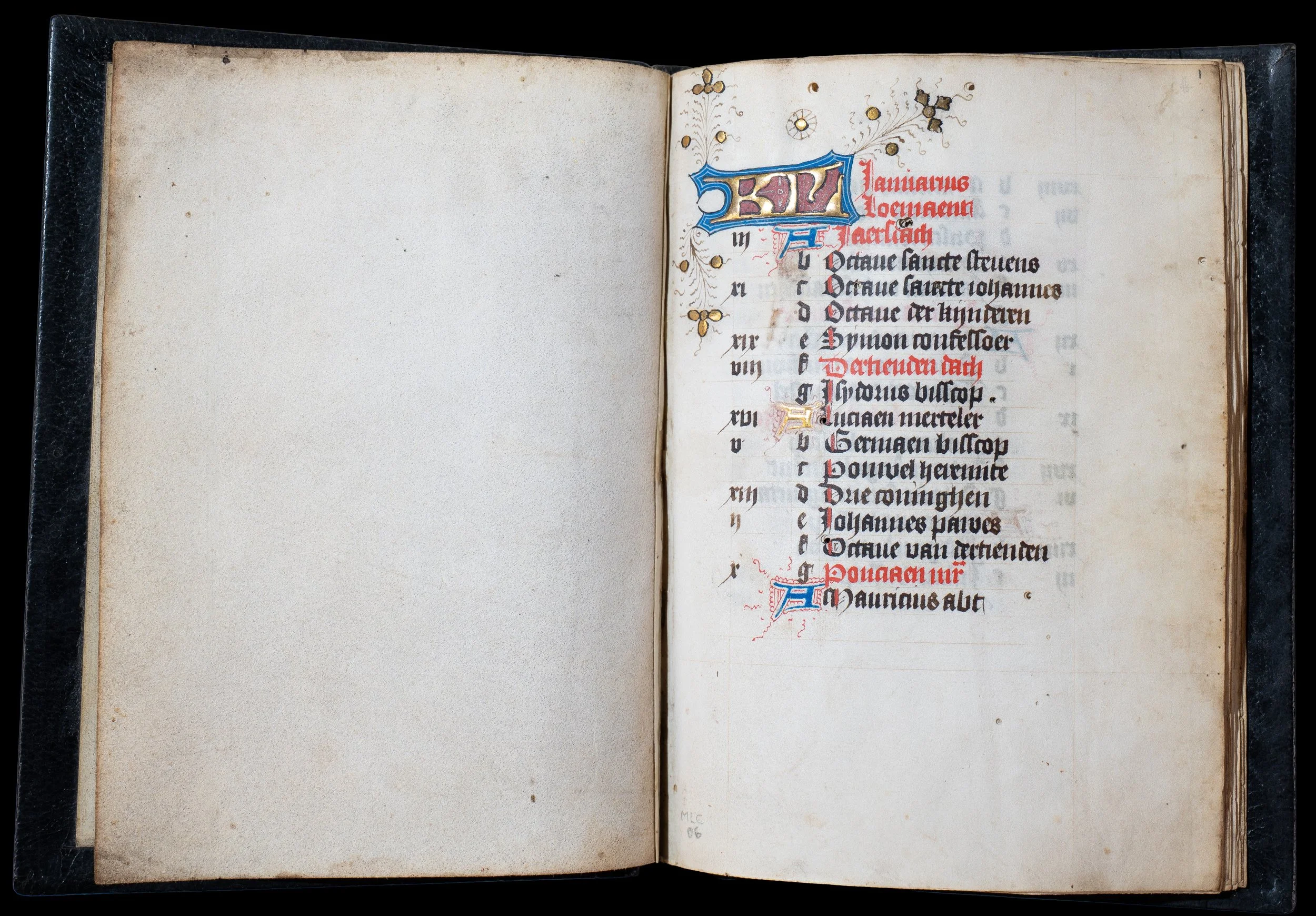 Illuminated Book of Hours calendar January page, Use of Utrecht, c. 1425–1450, gold KL initials on parchment