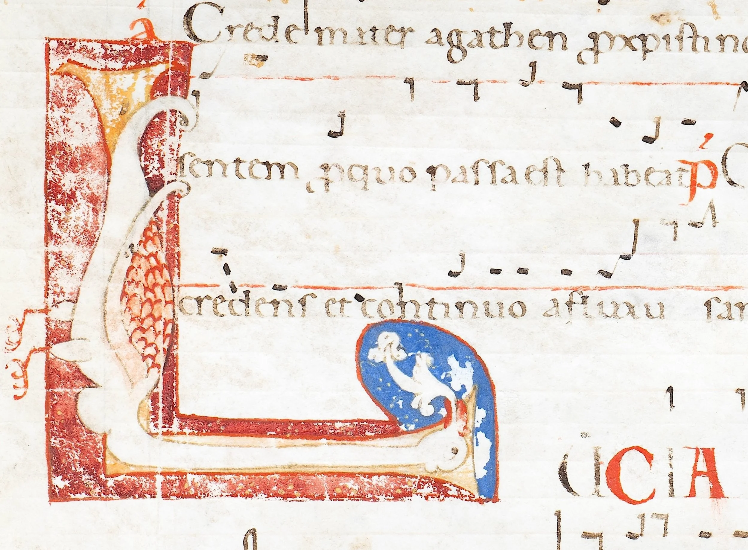 A 12th Century Antiphonal Leaf, Initial “L” in the form of a Bird, Italy, Tuscany? circa 1150