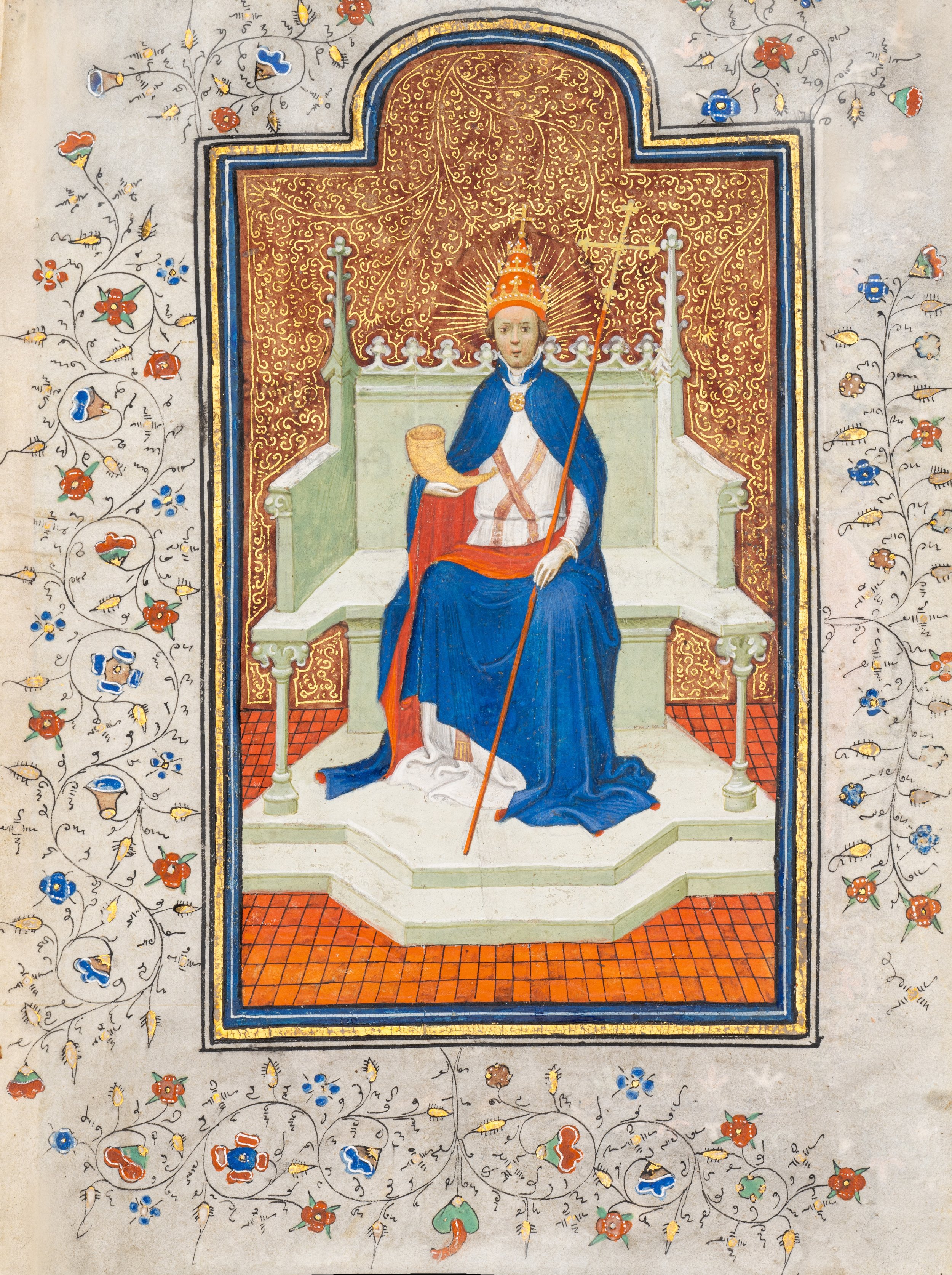an illuminated leaf from a Books of Hours  Bruges, Southern Netherlands, circa 1440 by the Masters of the Gold Scrolls (painter of the Burnet Psalter?)