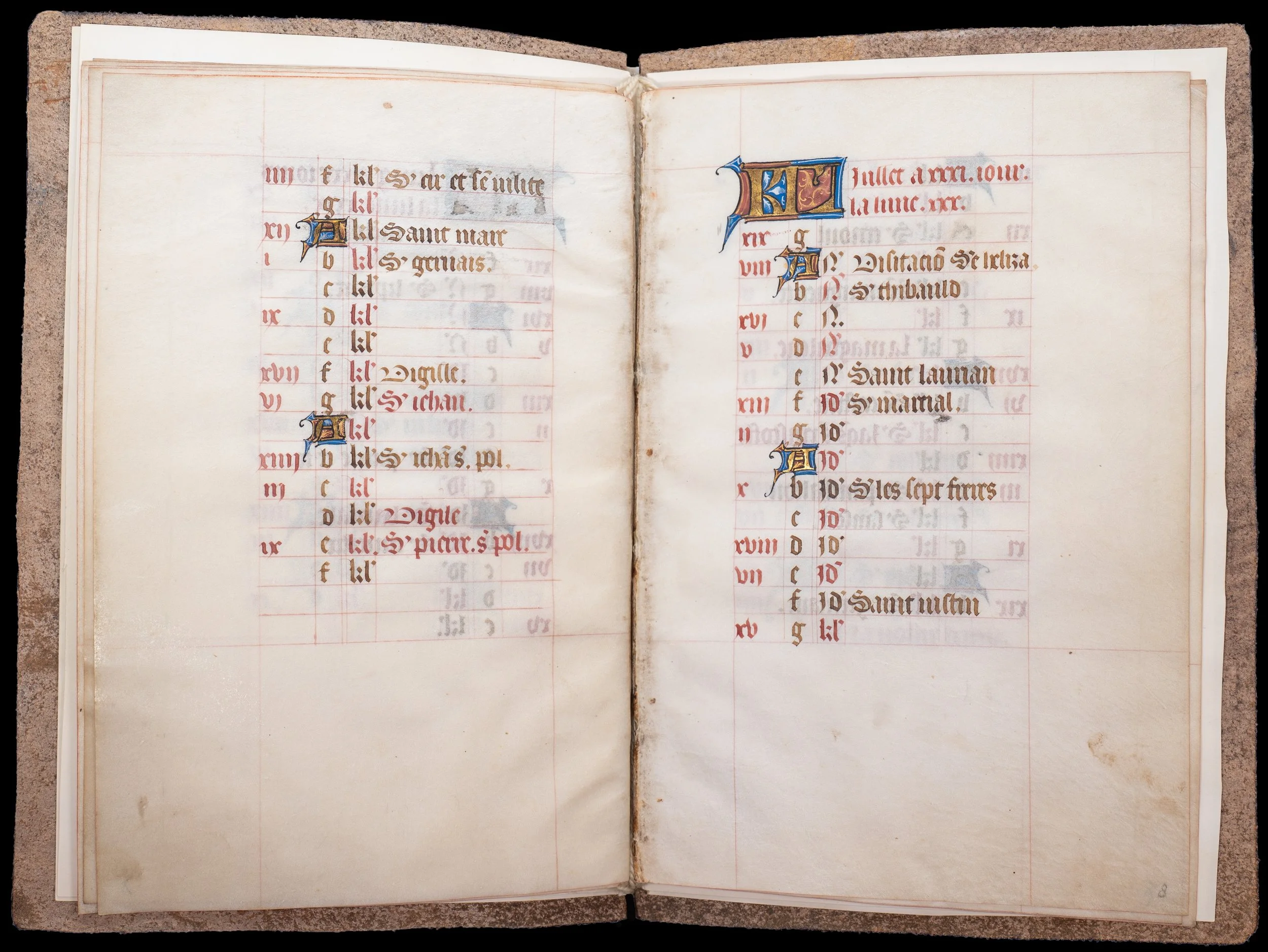 July calendar page from a fifteenth-century French illuminated Book of Hours with saints of the Loire region.