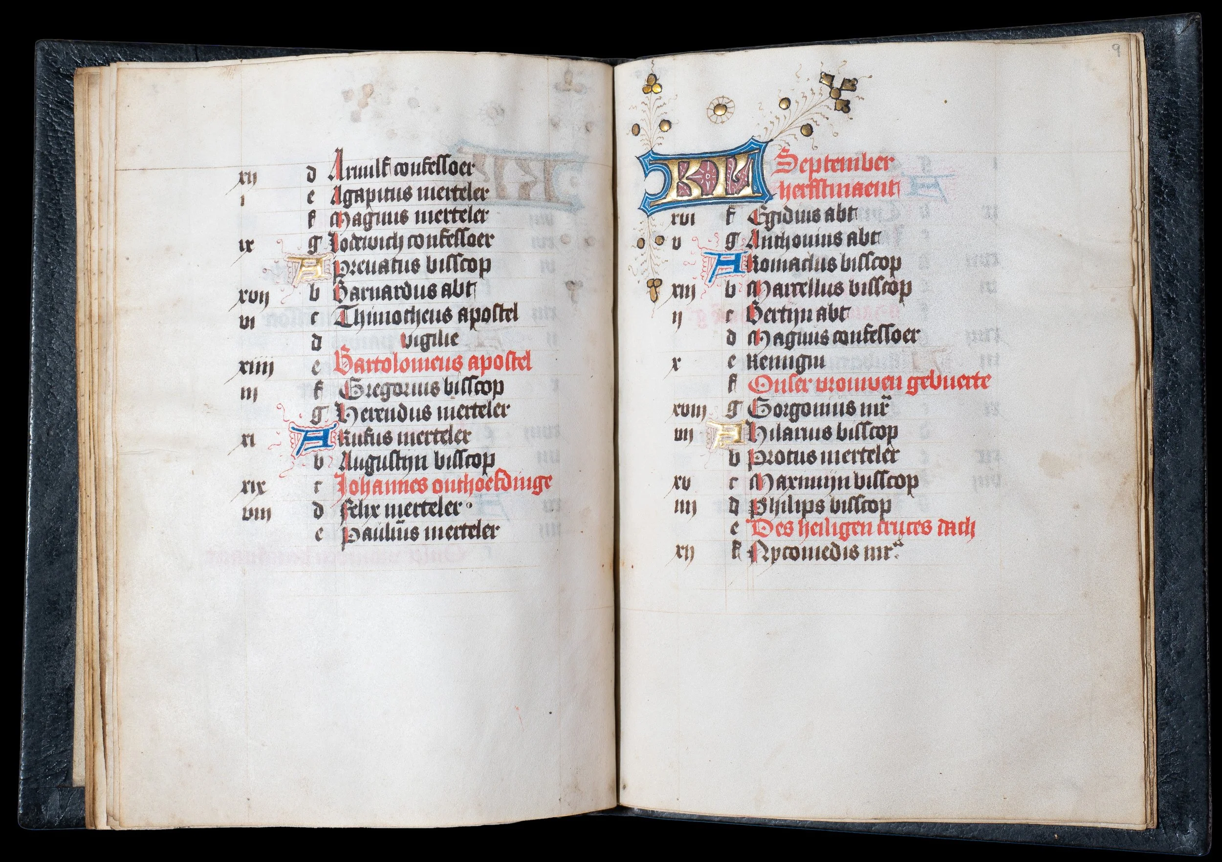 September calendar page, medieval Book of Hours, Utrecht Use, illuminated manuscript on parchment with gold decoration