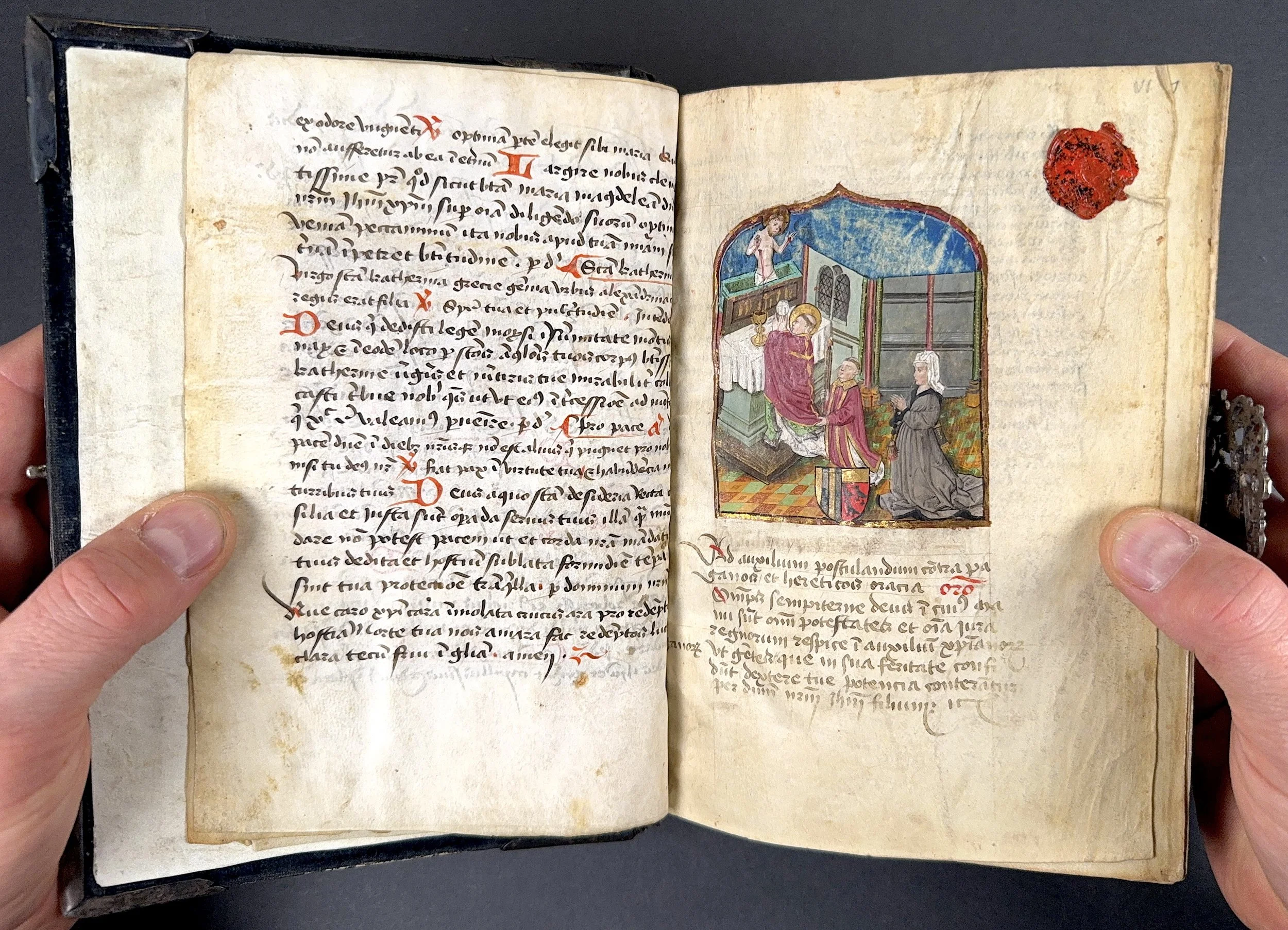 Later French addition to the Bruges Book of Hours with the Mass of Saint Gregory, female patron and heraldic arms, associated with Antoine de Lonhy