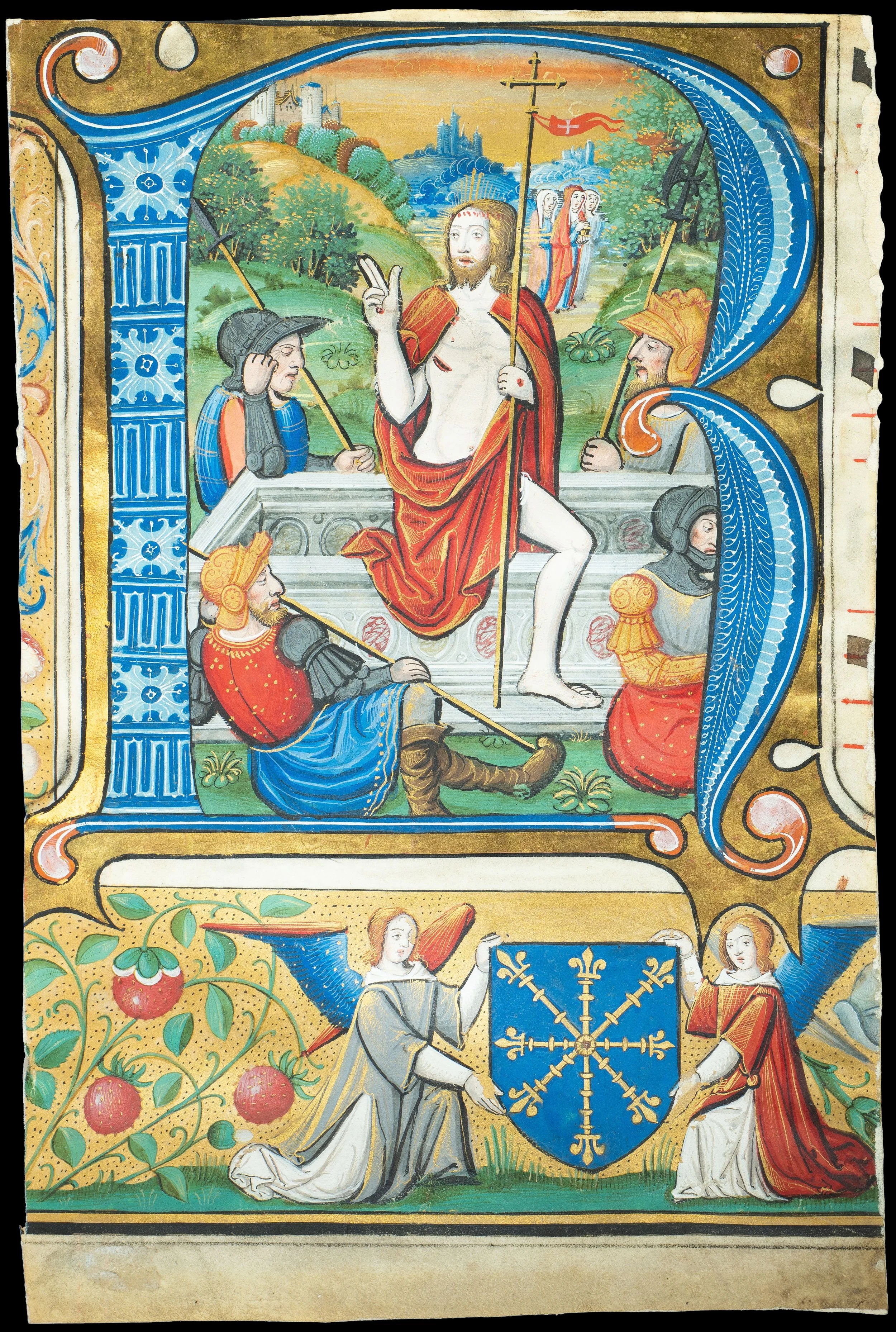 Resurrection of Christ illuminated manuscript miniature by the Master of Philippe de Gueldres, from the Abbey of Saint-Victor Gradual, Paris, France, c. 1500–1510