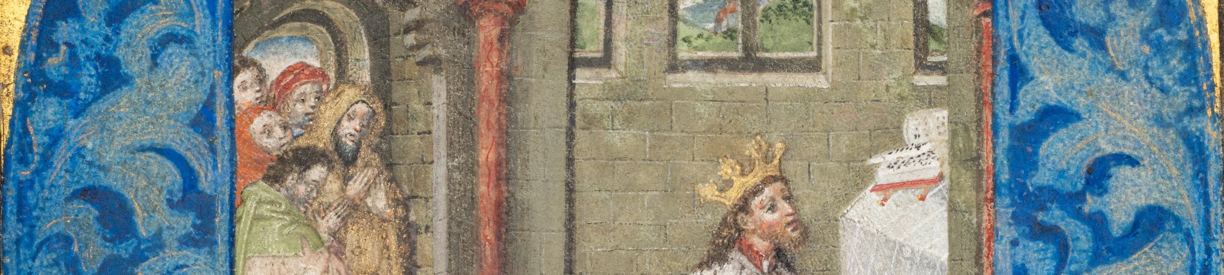Detail of praying onlookers behind an arcade in a Rhineland illuminated miniature of King David in prayer, circa 1480–1490