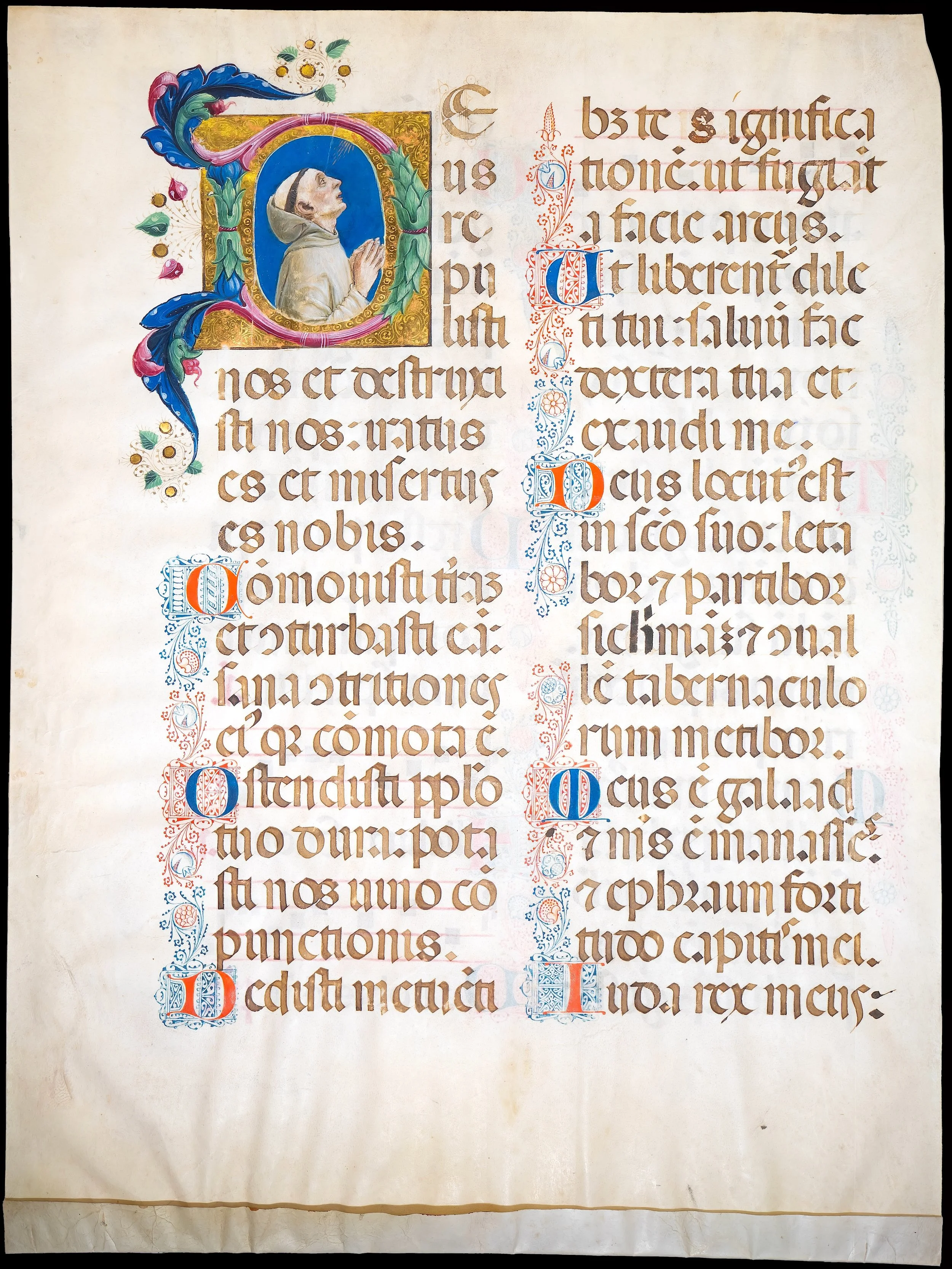 Giovanni Pietro Birago, illuminated Olivetan Psalter-Antiphonary choirbook leaf with a singing monk in a historiated initial, Brescia, Italy, c. 1470–1480