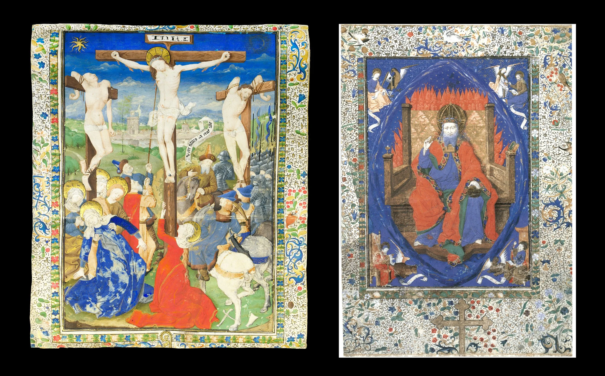 The present Crucifixion and God the Father by the Master of Jean Rolin II, Musée des Beaux-Arts de Lyon, inv. D 471, shown together according to the reconstruction of the Canon diptych proposed by Peter Rolfe Monks.