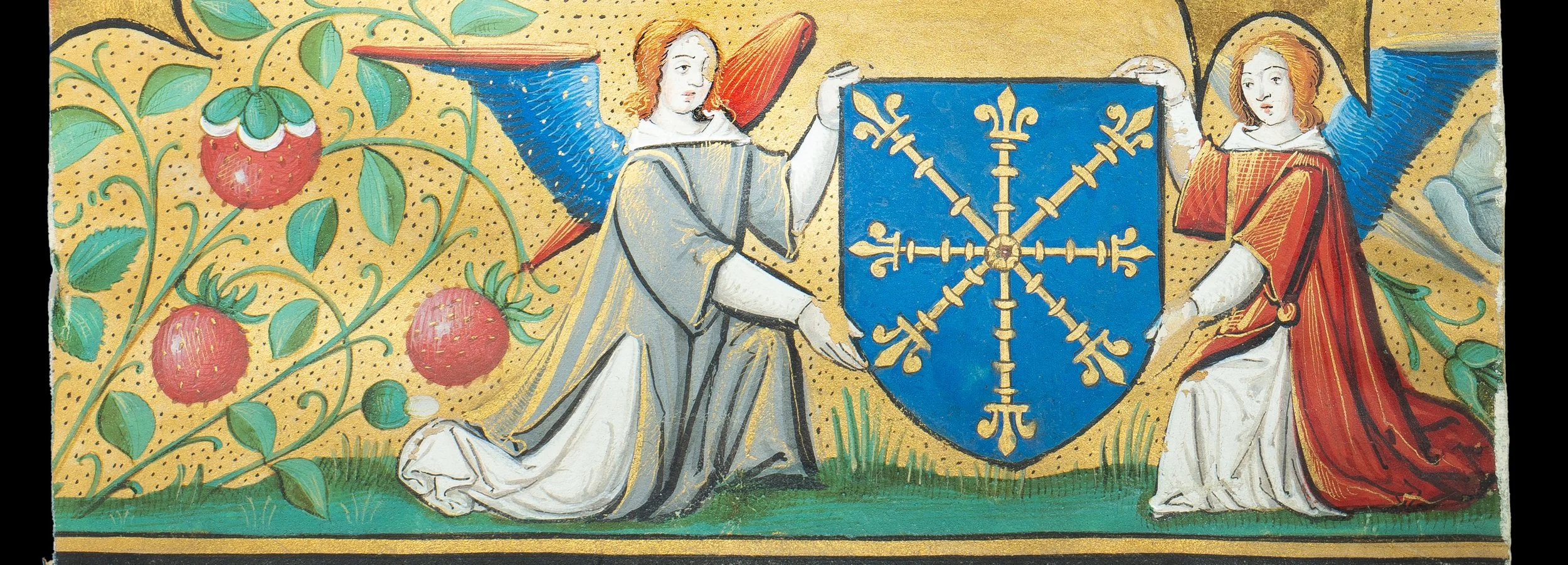Angels holding the arms of the Abbey of Saint-Victor, detail from an illuminated manuscript miniature by the Master of Philippe de Gueldres, Paris, c. 1500–1510