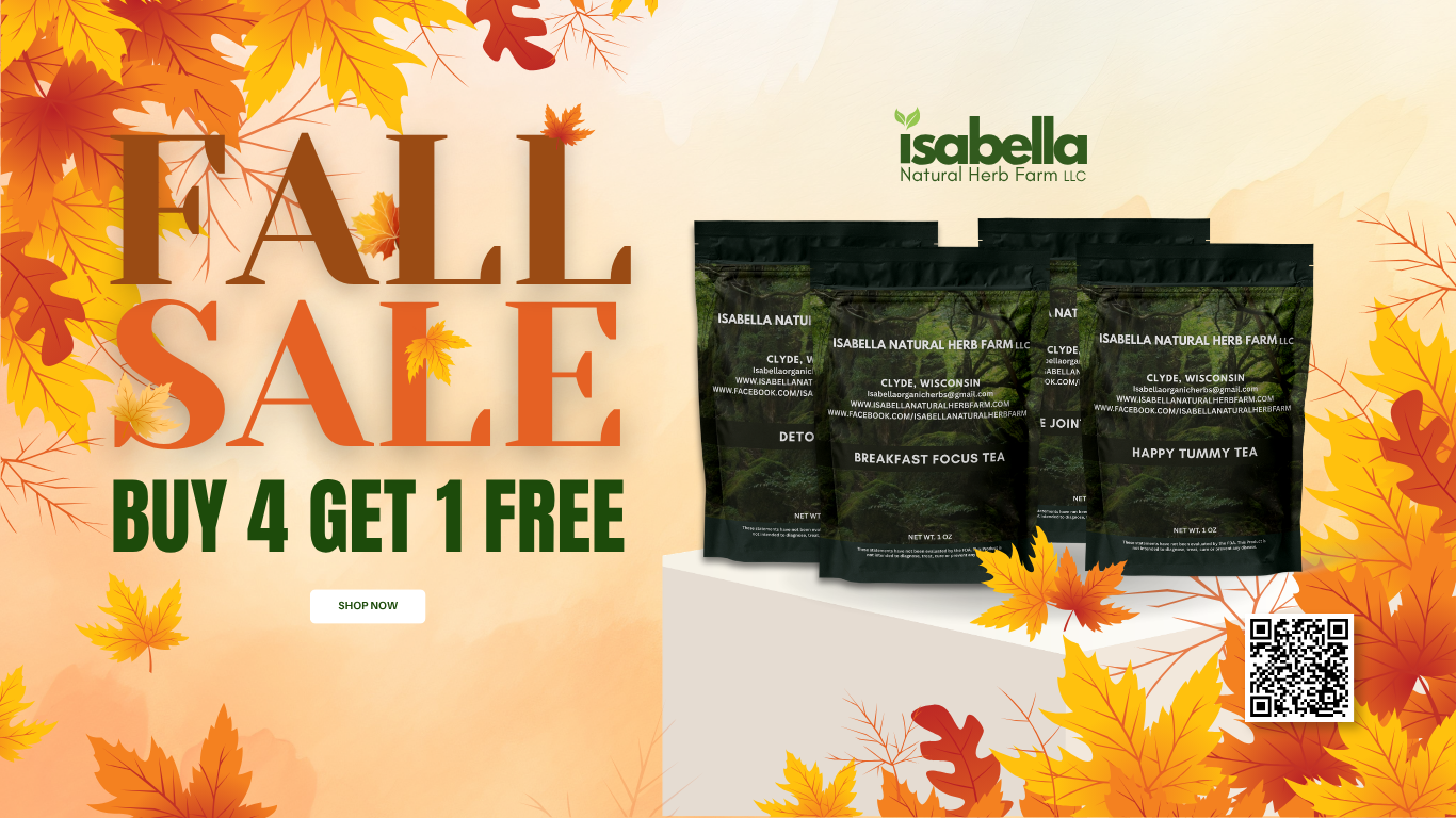 Fall sale advertisement for Isabella Natural Herb Farm LLC with a promotion buy 4 get 1 free. The background features autumn leaves in orange, yellow, and red. There are three black bags of herbal products on a white pedestal, with a QR code in the bottom right corner.