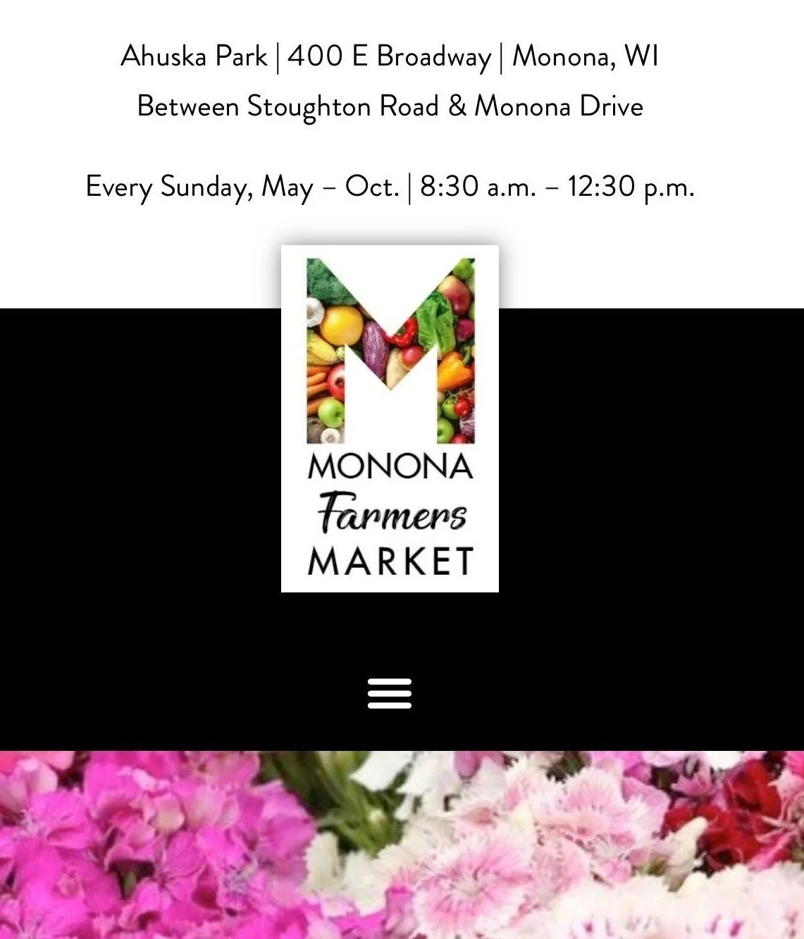 Information poster for Monona Farmers Market at Ahuska Park, 400 E Broadway, Monona, WI, between Stoughton Road & Monona Drive, every Sunday from May to October, 8:30 a.m. to 12:30 p.m. featuring the market's logo with a large 'M' filled with colorful vegetables and fruits.