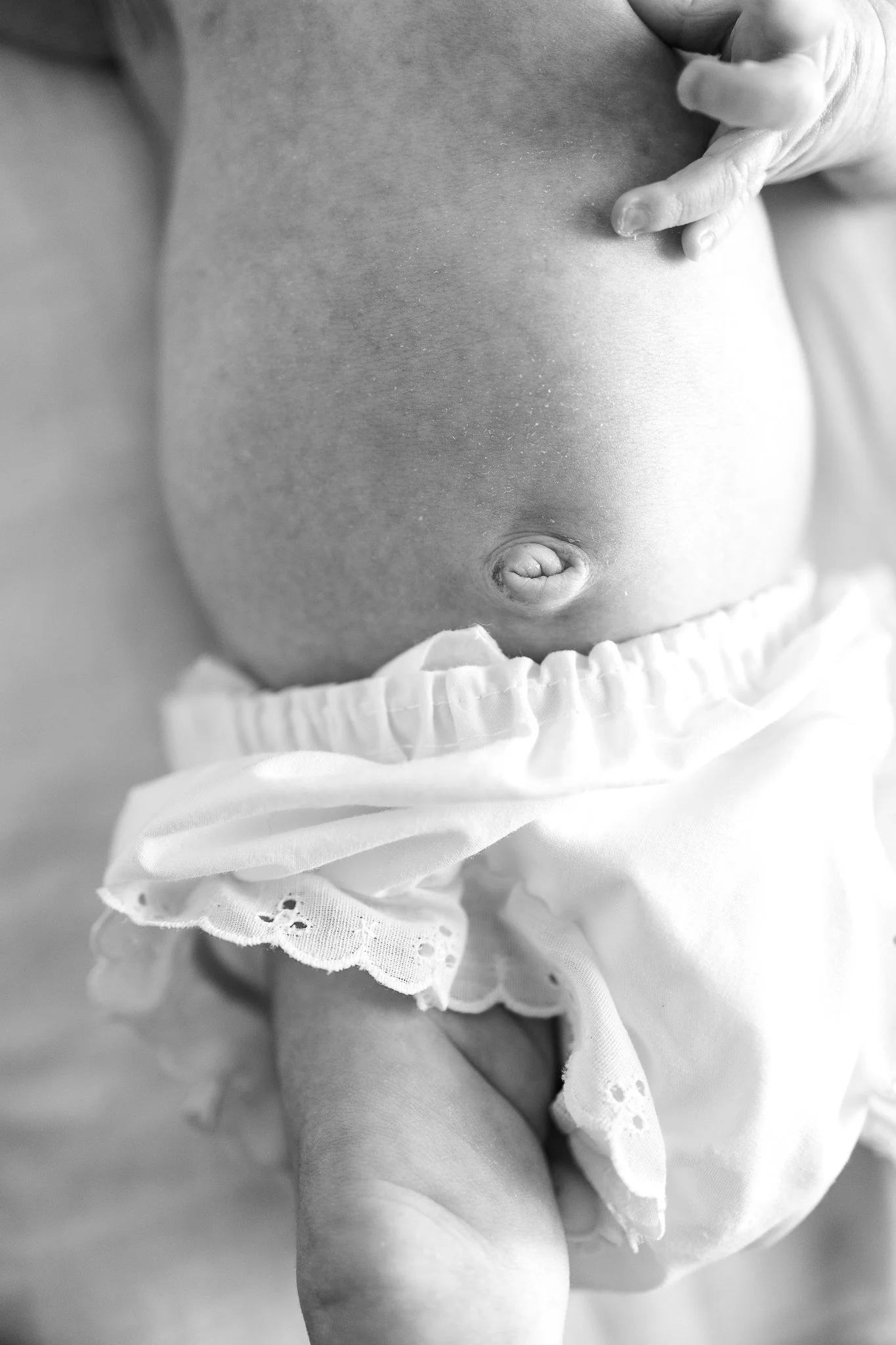 Close-up black and white photo of a newborn baby's belly with a prominent navel and wearing a white lace-trimmed diaper.