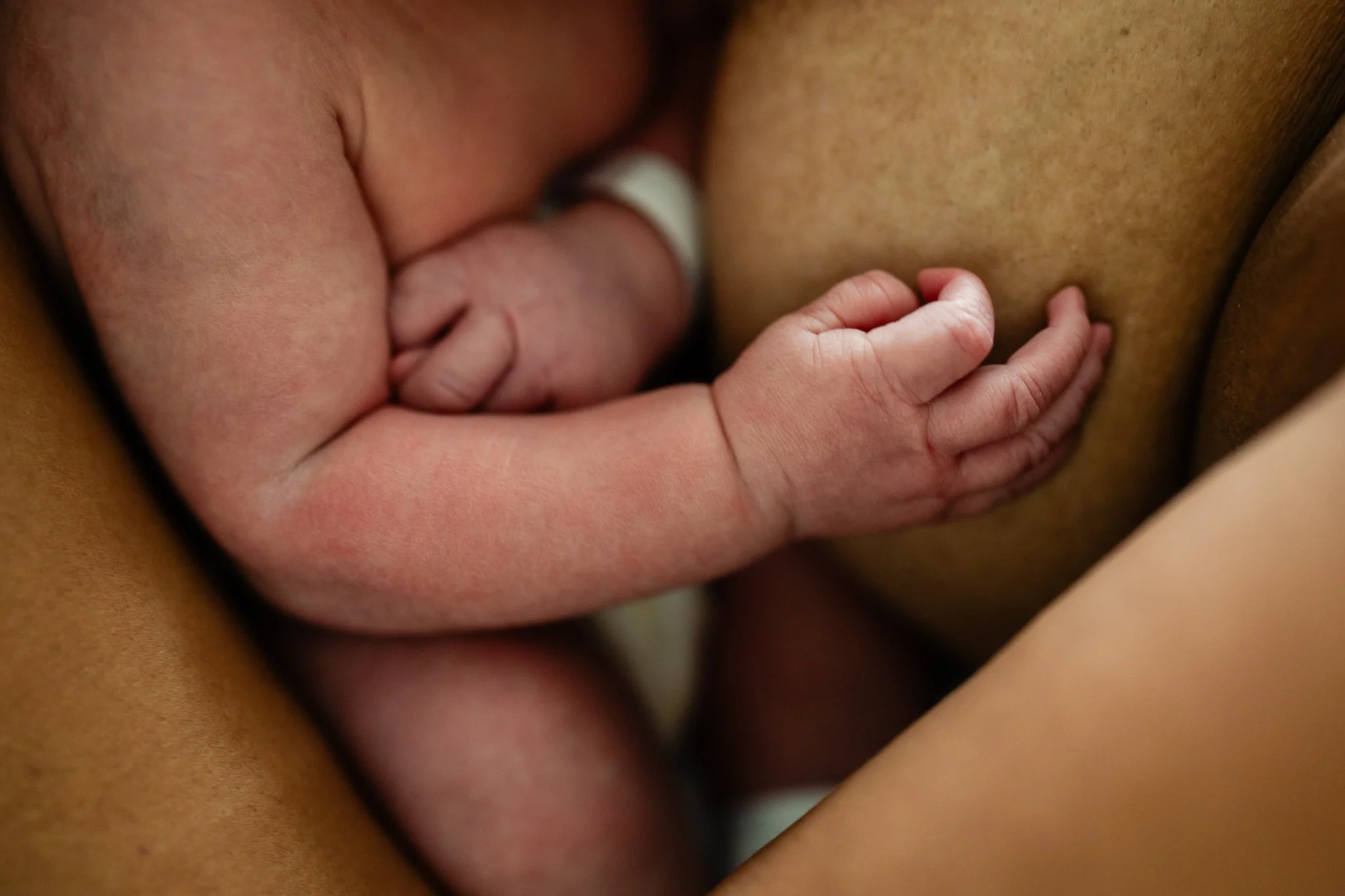 newborn baby boy nursing and holding his mom close in memphis tn hospital after birth