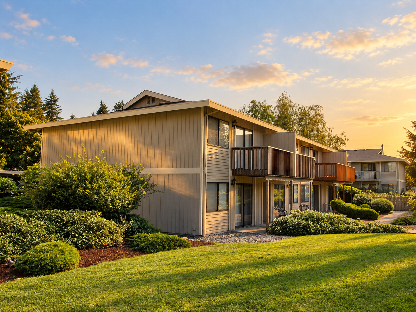 Residential apartment complex with well-maintained lawn and landscaped shrubs during sunset