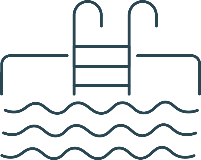 Outline of a swimming pool ladder and steps above water surface with wavy water lines below.