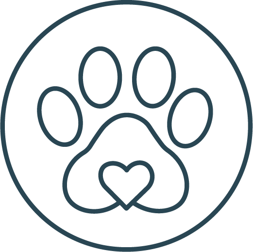 Outlined paw print with a heart in the center, enclosed in a circle.