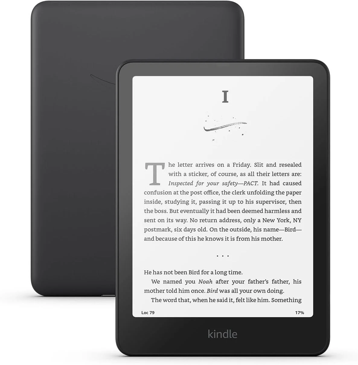 A black Kindle e-reader displaying a page of text, with a darker device in the background.
