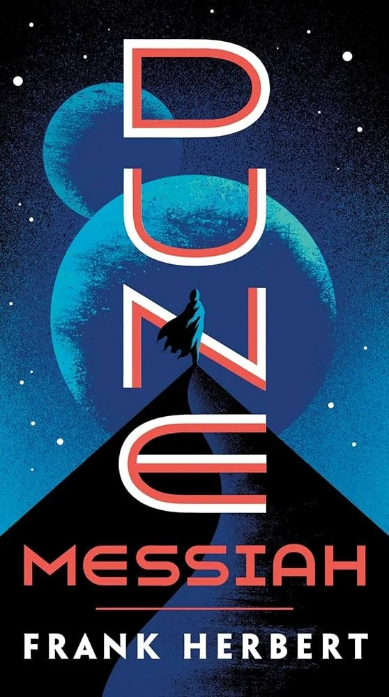 Book cover for 'Dune Messiah' by Frank Herbert, featuring a cosmic background with planets, a dark pathway leading to a figure, and stylized text.