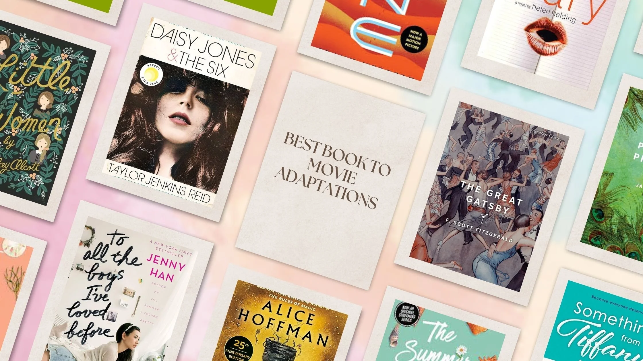 A colorful collection of book covers arranged overlapping with titles including "Best Book to Movie Adaptations," "The Great Gatsby," "Alice Hoffman," "Daisy Jones & The Six," and others.