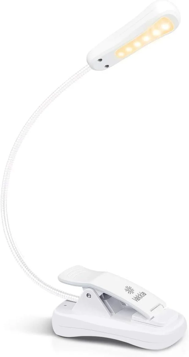 A white LED desk lamp with an adjustable arm and clip base.