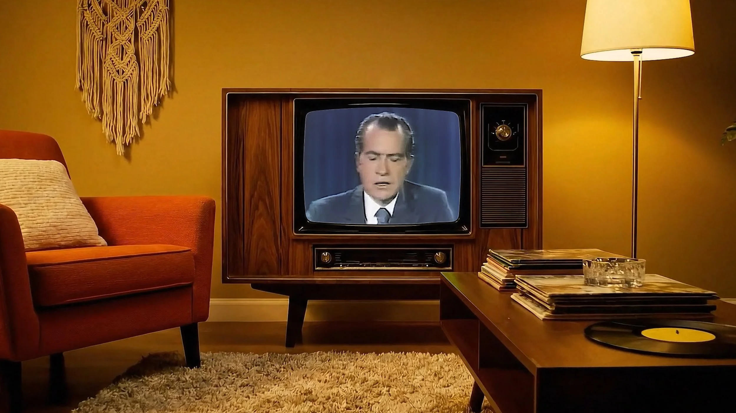 Living room with vintage television showing a news anchor, orange armchair with a beige pillow, wooden coffee table with records, glass ashtray, and yellow lamp, decorated with a woven wall hanging.
