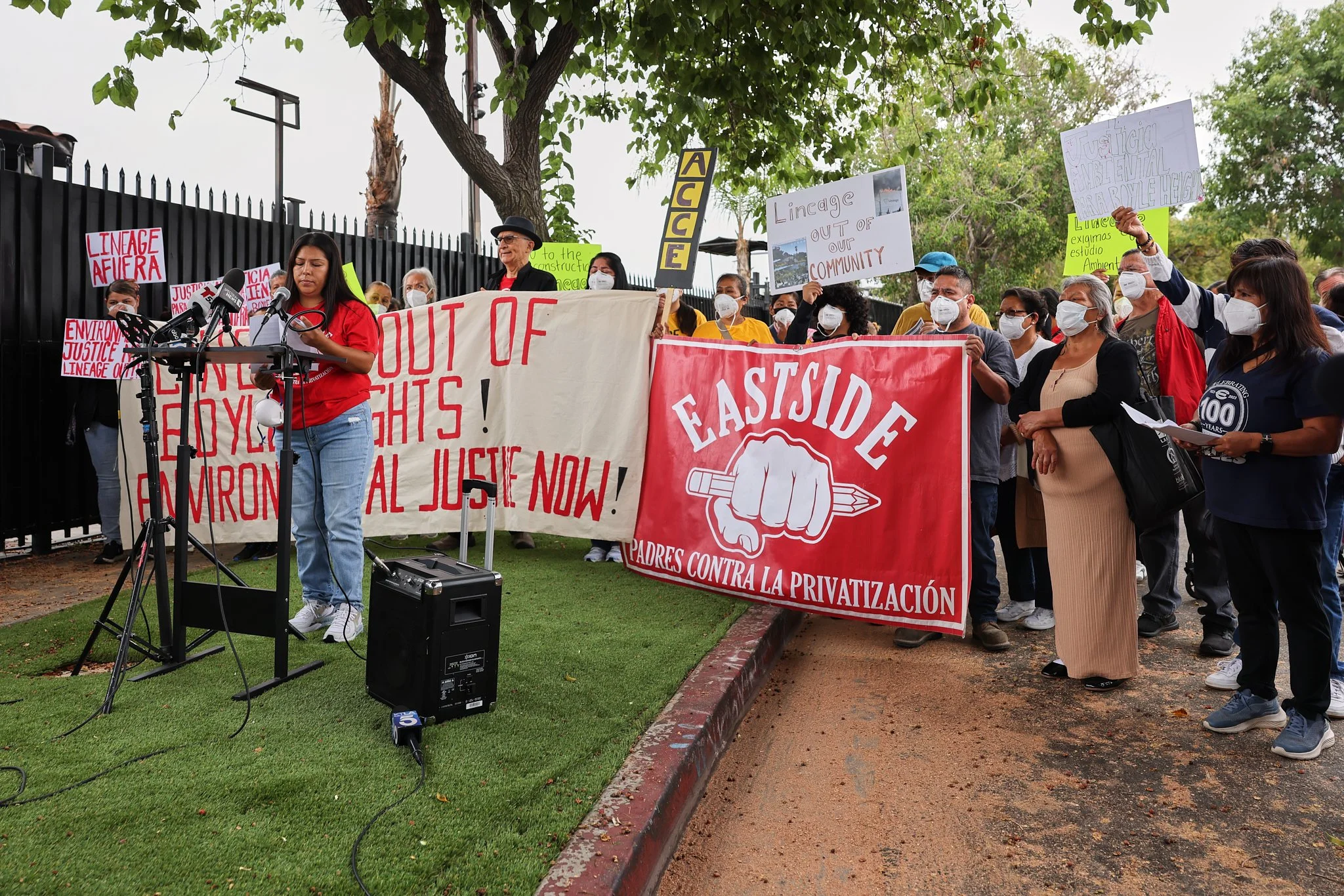 Alma Lagunas, a resident affected by the Lineage Logistics fire, speaks at a July 2, 2026, press conference in Los Angeles, California. Residents of Boyle Heights and East Los Angeles, along with activists and local officials, express their support f