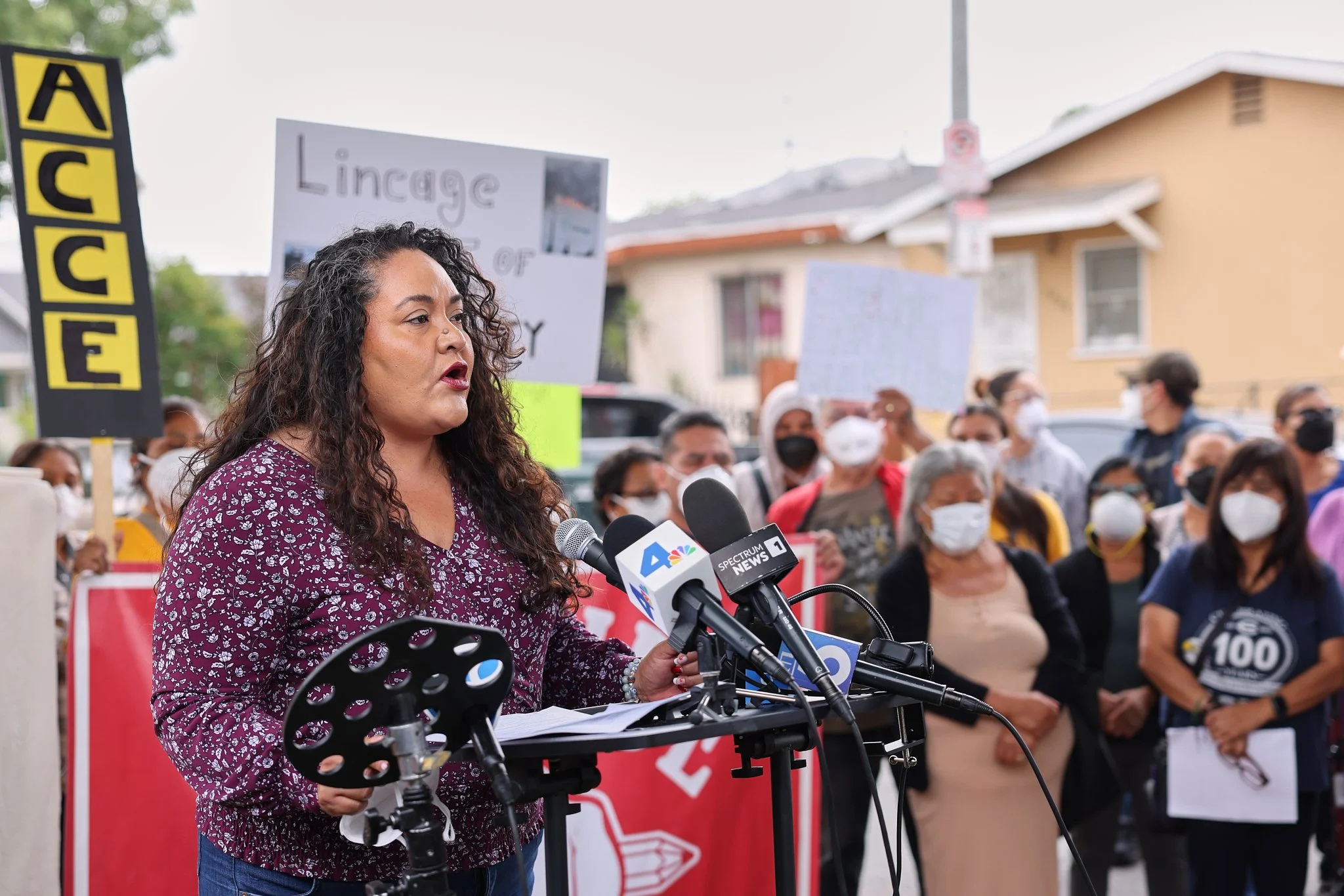 Rocio Rivas, a School Board Member from District 2, speaks at the July 2, 2026, press conference in Los Angeles, CA. She calls for protecting students, families, and school employees from potential environmental hazards after the fire. She emphasizes
