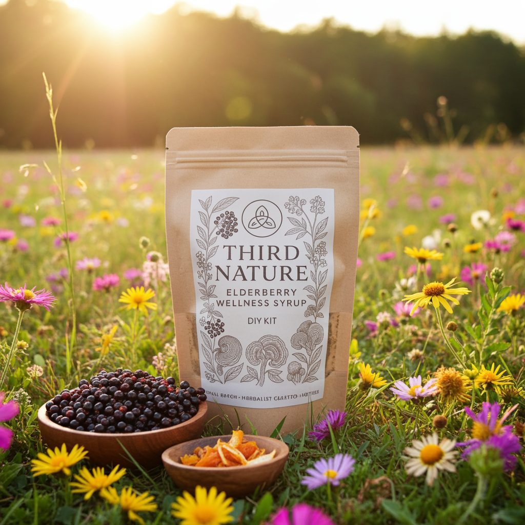Third Nature Elderberry Syrup DIY kit in a field of flowers
