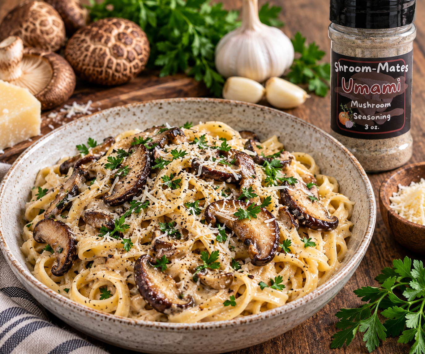 Creamy shiitake mushroom pasta with sautéed shiitake mushrooms, Parmesan, garlic, parsley and black pepper.