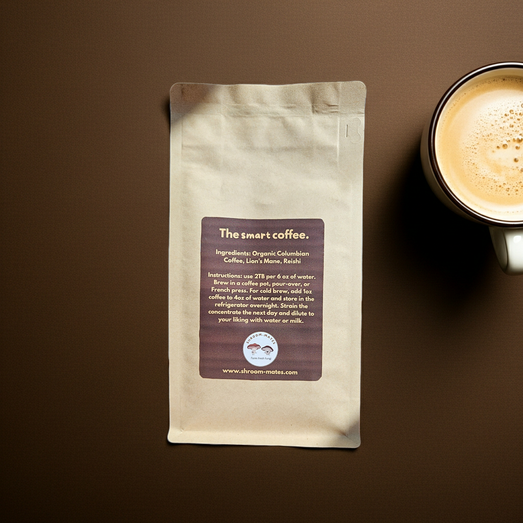 simple back of shroom-mates mushroom coffee close up instructions