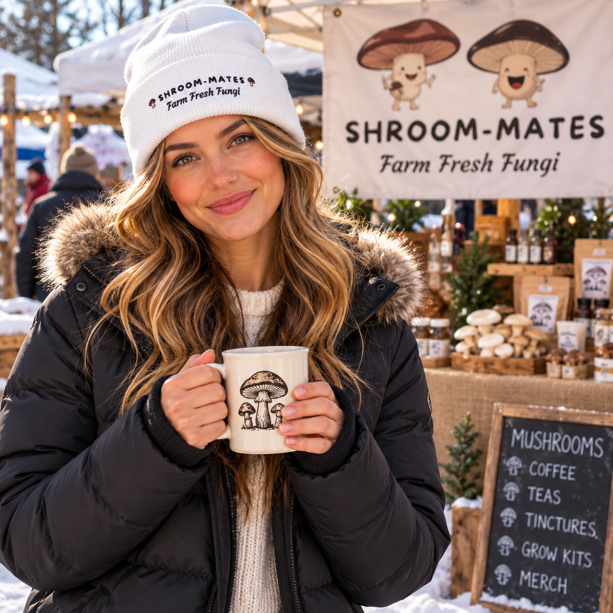 Embroidered Botanical Mushroom Beanie | Ribbed Cuffed Winter Knit Hat