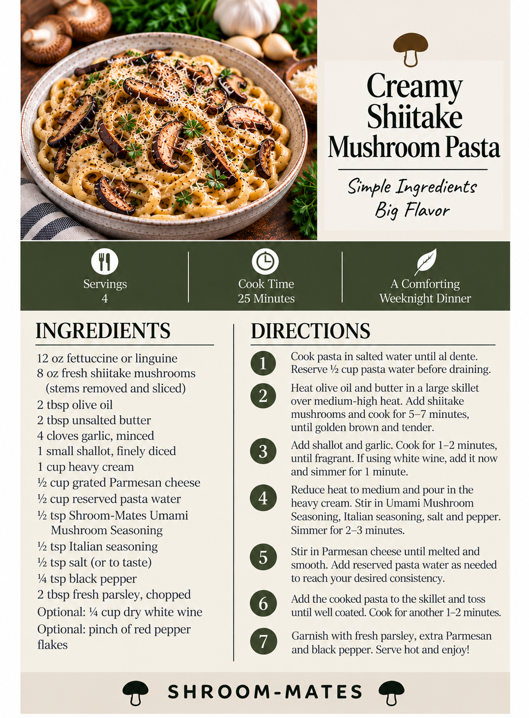Creamy shiitake mushroom pasta recipe card with ingredients, cooking directions, serving information, and Shroom-Mates Umami Mushroom Seasoning.