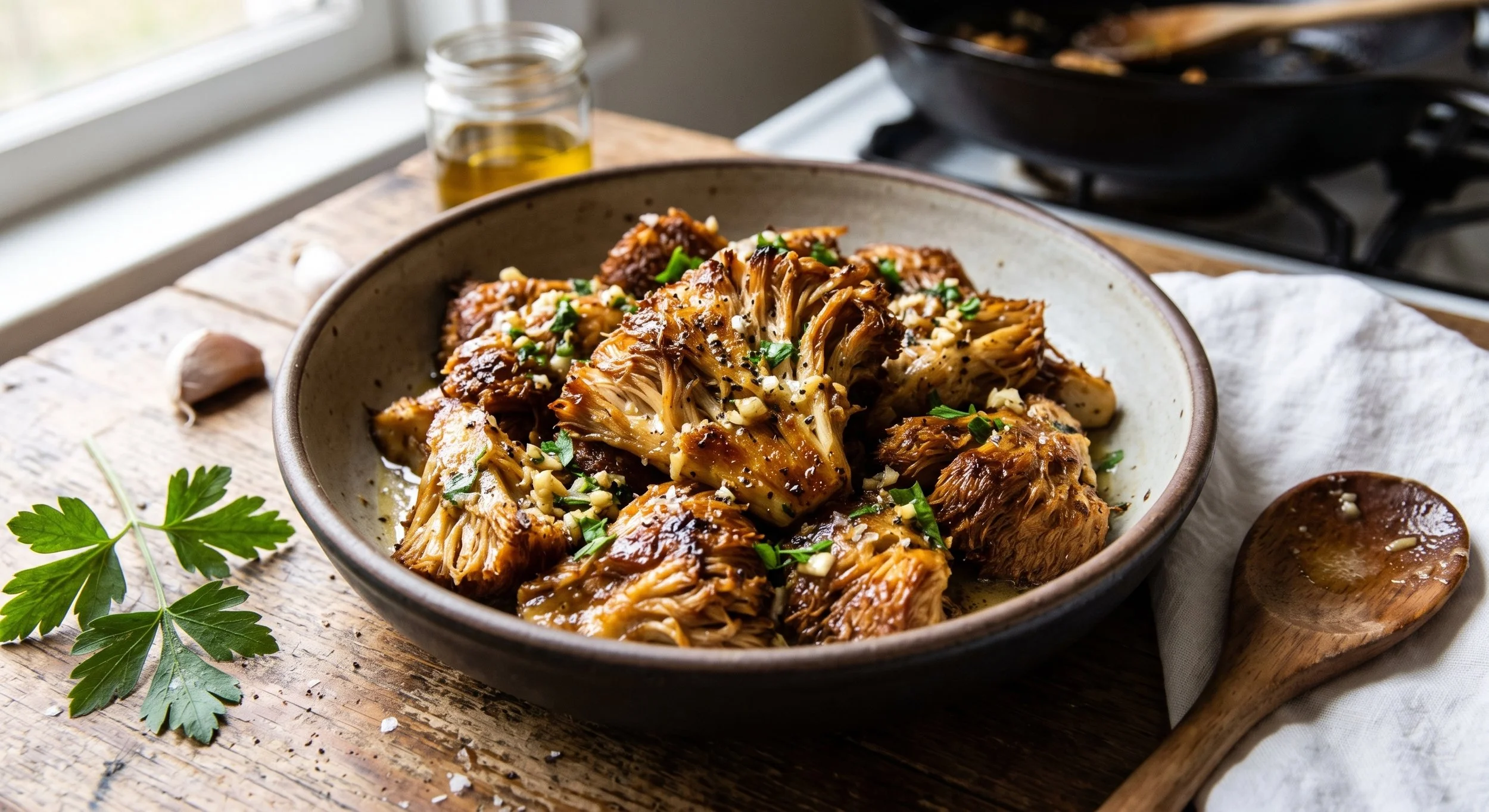 Garlic butter Lion’s Mane mushrooms sautéed with garlic, fresh herbs and Shroom-Mates Umami Mushroom Seasoning.
